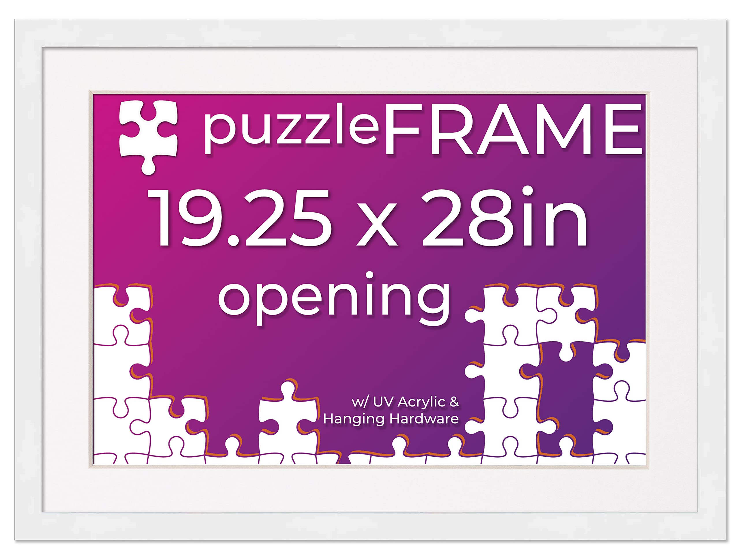 19.25x28 Jigsaw Puzzle Frame Kit with Puzzle Glue Sheets, White Wood Frame & Mat, UV Acrylic & Hanging Hardware - Perfect for Displaying Completed Puzzles as Wall Art in Living Rooms, Bedrooms or Offices