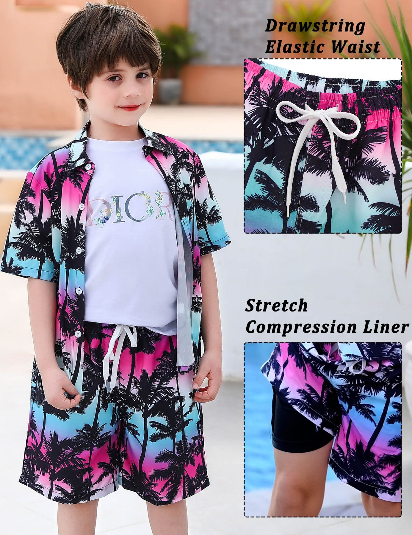 UNICOMIDEA Boys Hawaiian Shirt & Swim Trunks Set - Tropical Print 2-Piece Outfit for Kids 5-12 Years | Beach Vacation, Summer Party, Poolside Fun
