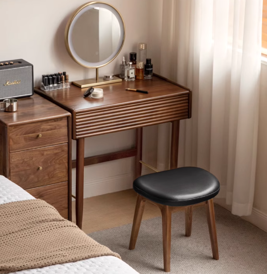 Solid Oak & Black Walnut Wood Makeup Stool - Durable Beauty Vanity Seat with Cushion for Bedroom, Dressing Room & Salon Use