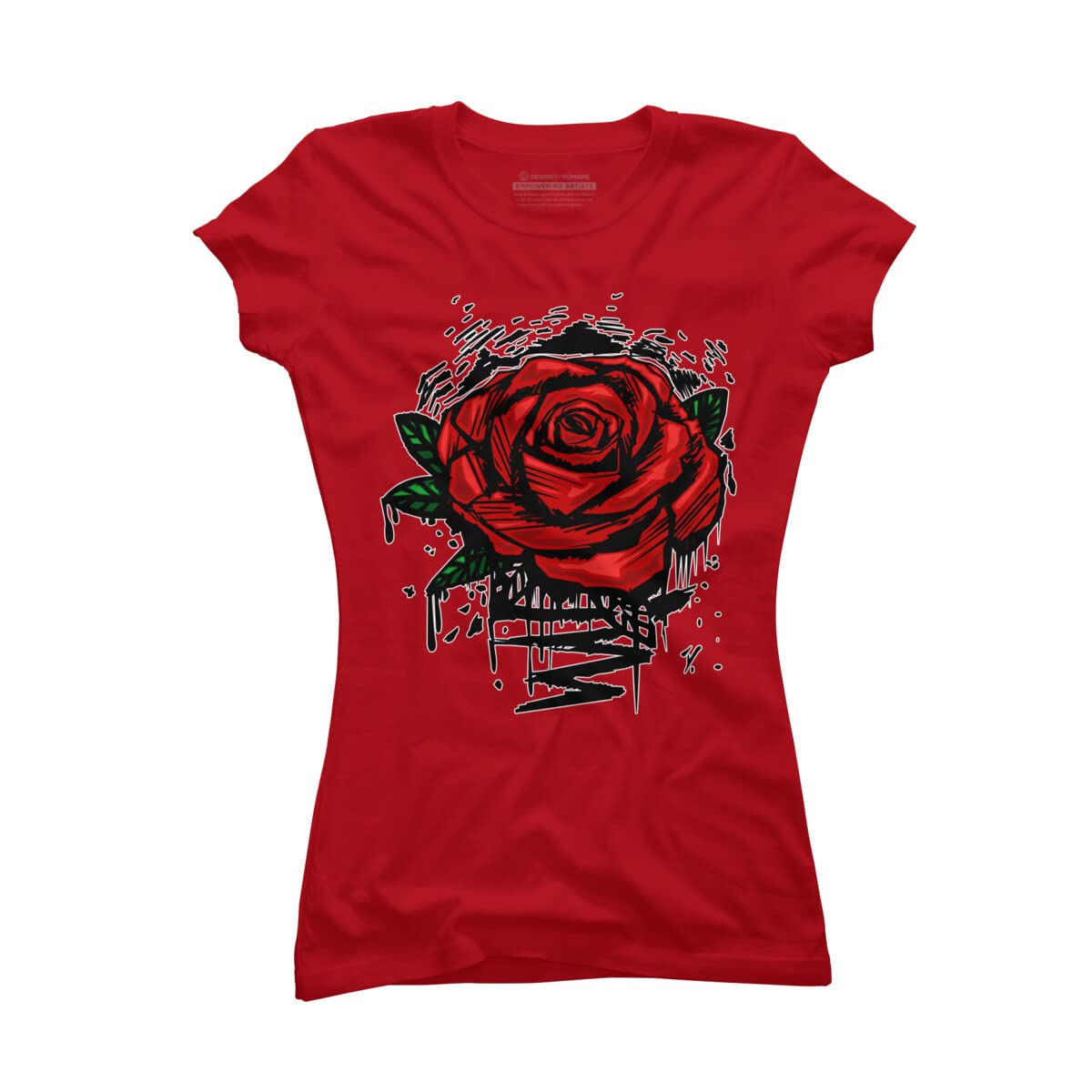 Design By Humans Junior's Rugged Rose Graphic Tee by Adamzworld - Soft Cotton T-Shirt for Women - Casual Streetwear & Everyday Outfit