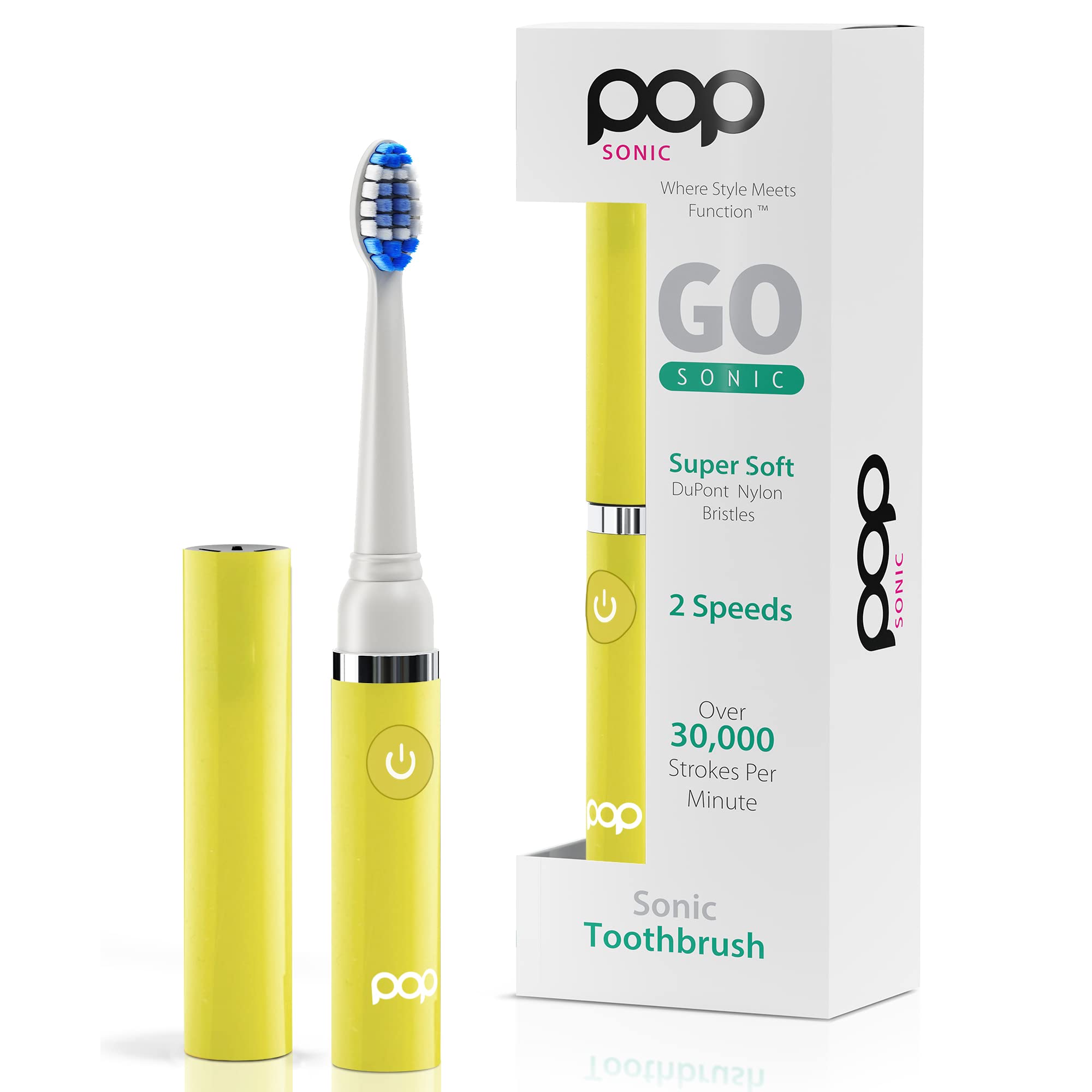 Pop Sonic Electric Toothbrush for Kids & Travel - Rechargeable AAA Battery, 2 Speed Modes (15,000-30,000 RPM), Soft Dupont Nylon Bristles, Yellow - Perfect for Daily Oral Care & Family Trips