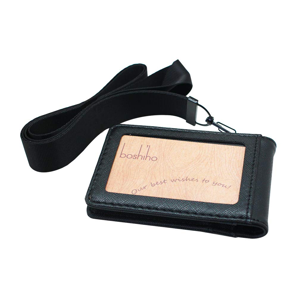 Boshiho Leather ID Card Badge Holder with Adjustable Wide Lanyard - Vertical Style for Men & Women - Perfect for Office, School, Security & Business Events