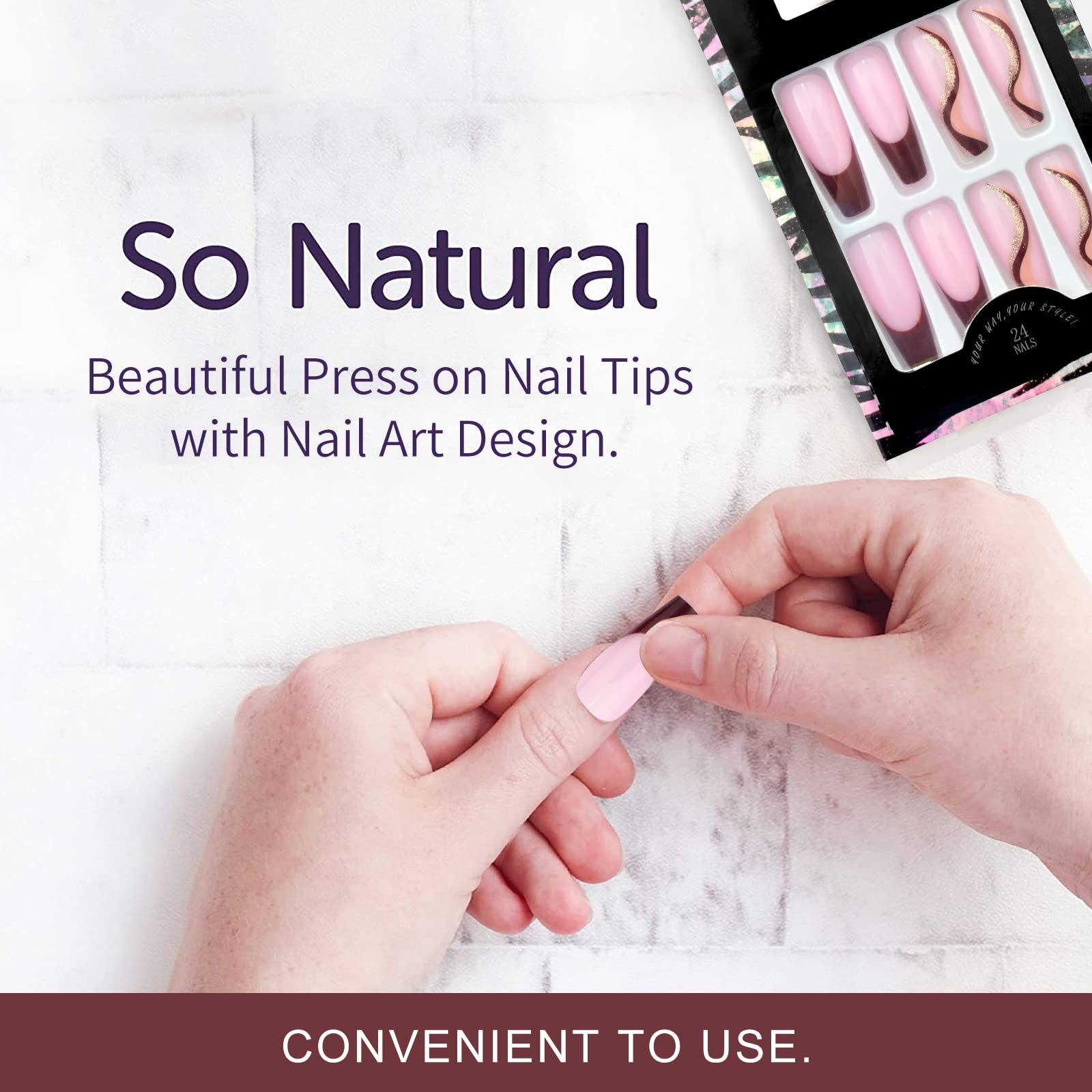 24 Pcs Long Press on Nails - Nude Blue Ribbon Sweet Heart Coffin Fake Nails with Glossy Finish | Includes Nail Glue & Adhesive Tabs | Perfect for Nail Art, Parties, Weddings & Special Occasions (Pink Brown Red, T09-06)