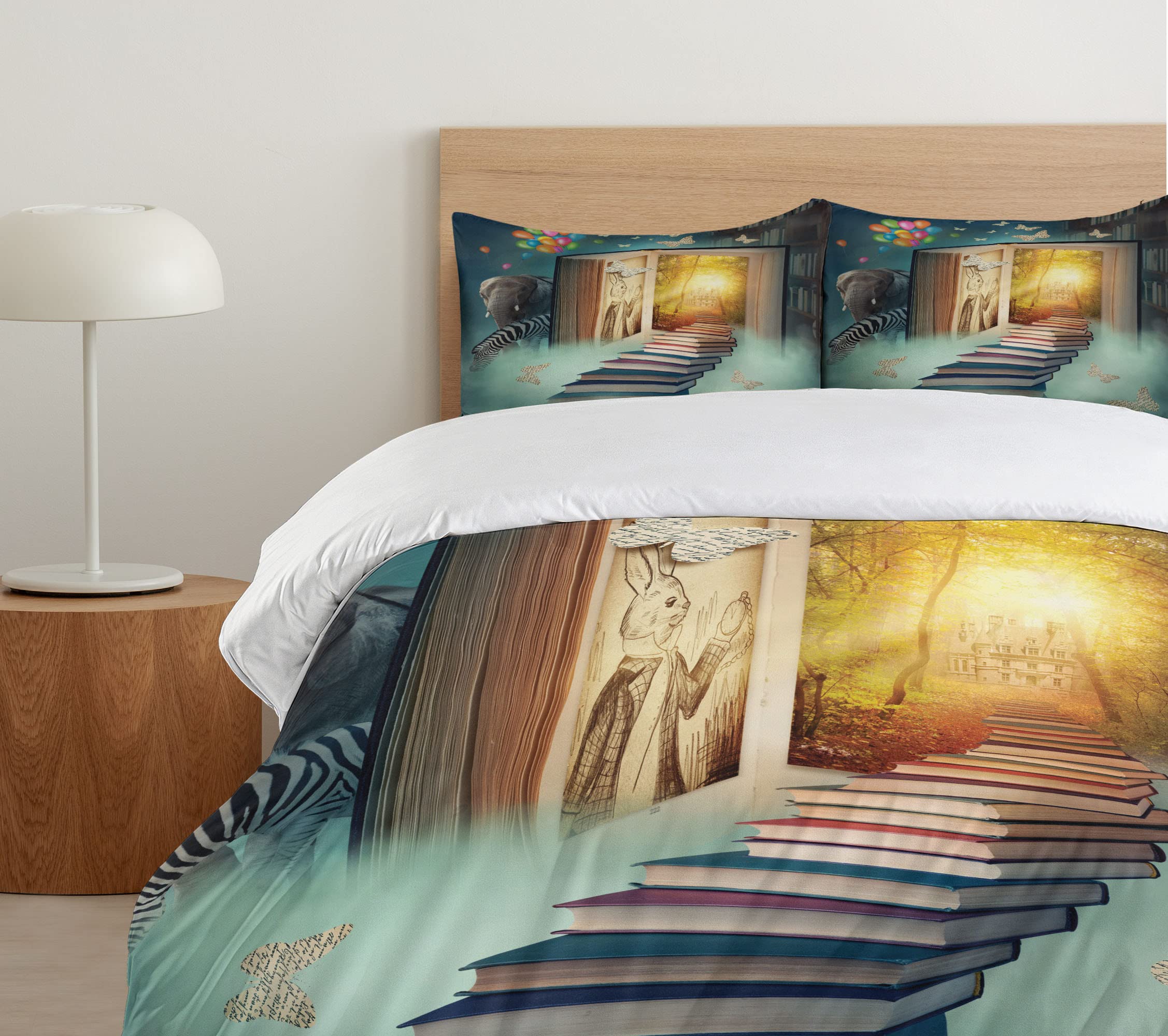 Ambesonne Fantasy Duvet Cover Set - Magic Book Forest with Balloon, Zebra, Elephant & Butterflies | 3-Piece California King Bedding Set in Teal & Yellow | Perfect for Kids' Rooms, Nursery Decor & Whimsical Bedroom Themes