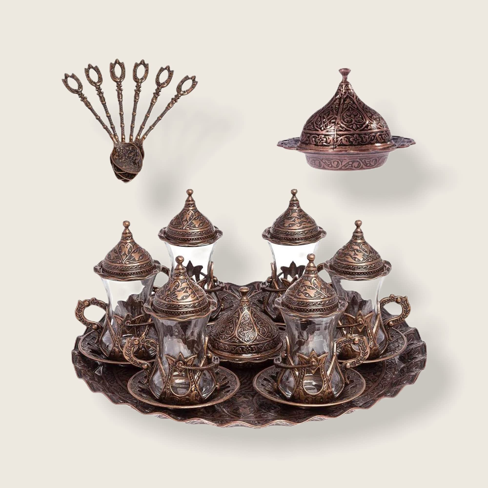 Handmade Turkish Tea Set - Copper Zamzam Serving Glasses, Saucer, Tray & Spoon - Traditional Tea Ceremony Gift for Home & Hospitality Use