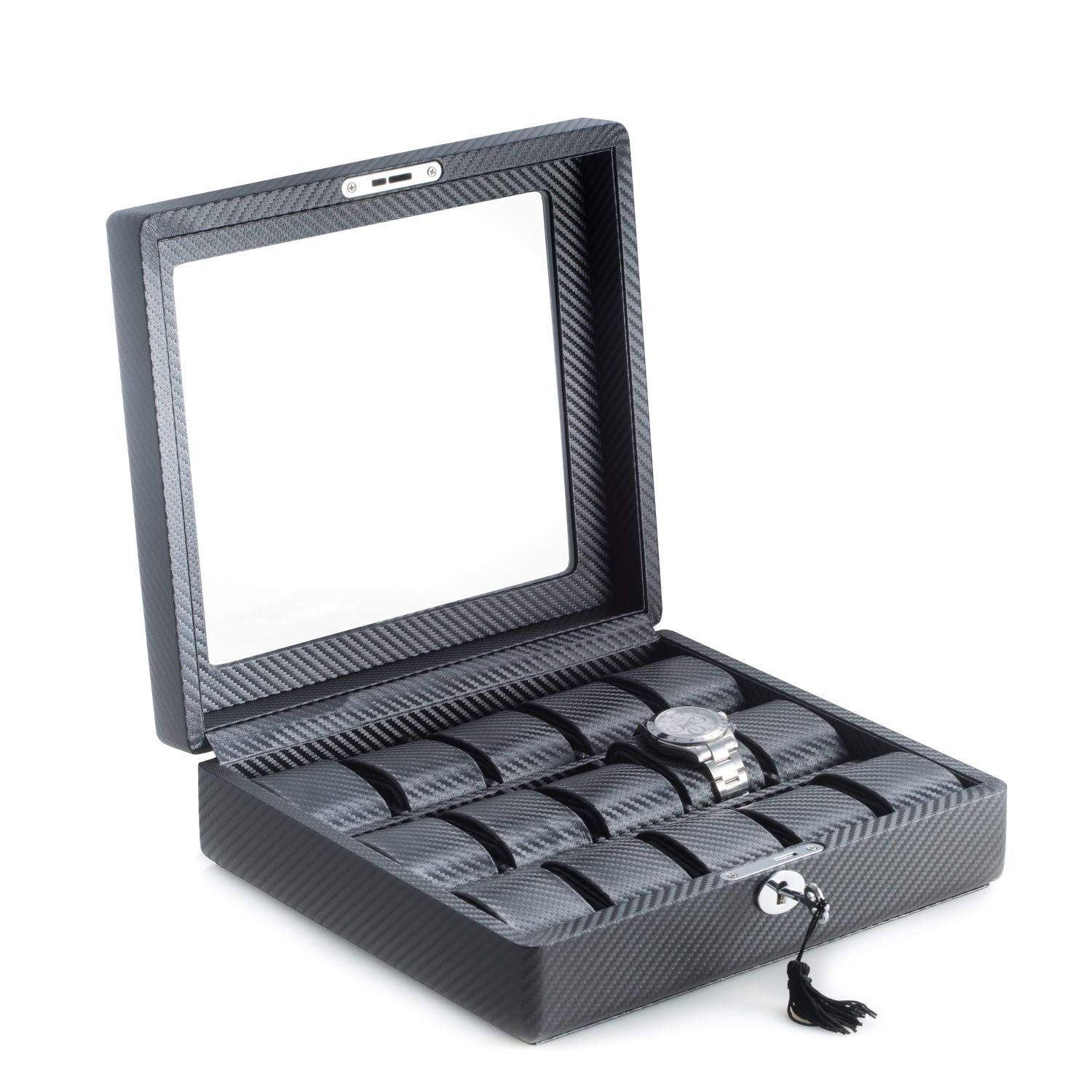 Bey-Berk BB595BLK Black Leatherette Watch Box with Glass Top - Adjustable Pillows for Large & Slim Wrist Watches, Secure Locking Clasp | Perfect for Watch Storage, Display & Travel Organization