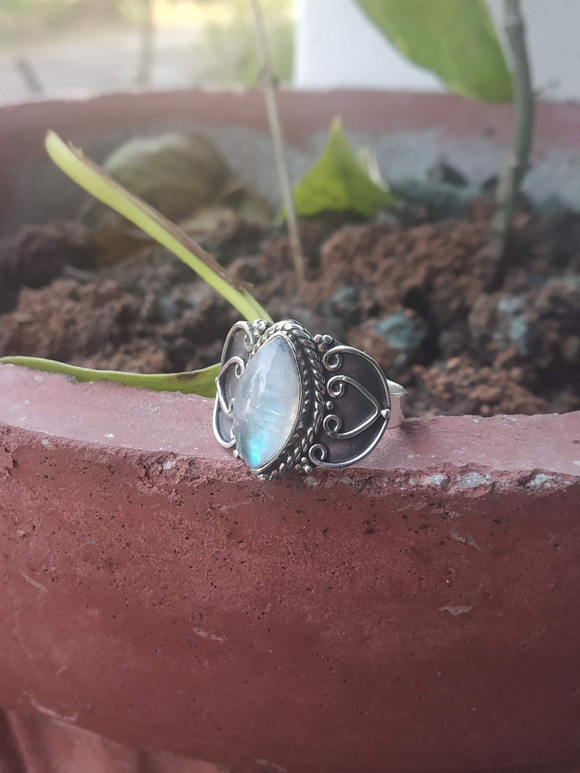 Rainbow Moonstone Ring - 925 Sterling Silver June Birthstone Jewelry, Marquise Cut Filigree Ring for Meditation & Healing | Boho Statement Bridal Gift for Women, Promise Ring for Her | Perfect for Spiritual Healing, Wedding Gifts & Everyday Boho Fashion