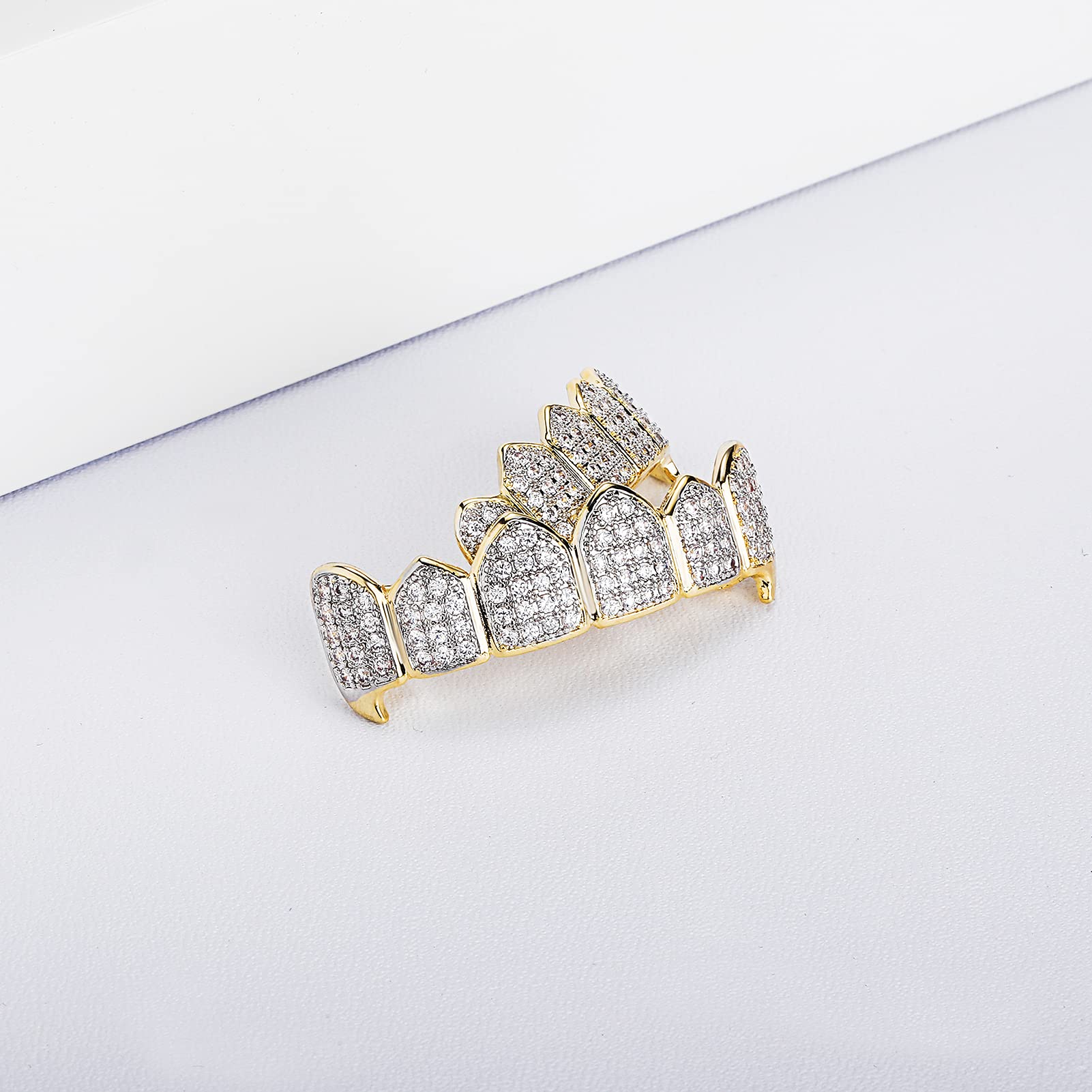 18K Gold Plated Iced Out CZ Grillz Set - Top & Bottom Fang Teeth Grillz for Men & Women | Hip Hop Jewelry, Rap Style Accessory for Parties & Performances