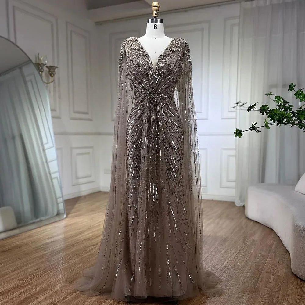 Elegant Turquoise Mermaid Beaded Evening Gown with Detachable Cape - LA72168A | Perfect for Prom, Gala & Formal Events