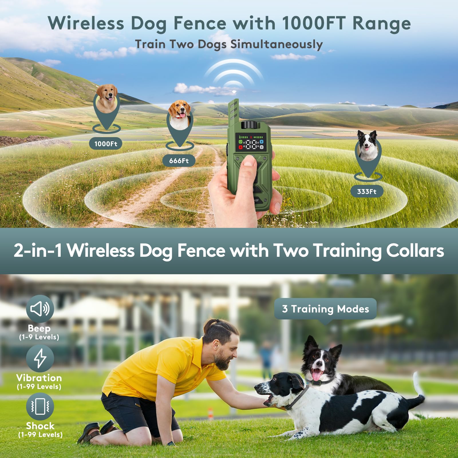 2-in-1 Wireless Dog Fence & Training Collar System - Adjustable Waterproof Collars for 2 Dogs with Remote (33ft-1000ft Range) - 3 Training Modes for Secure Containment - Perfect for Backyard, Park & Outdoor Dog Training