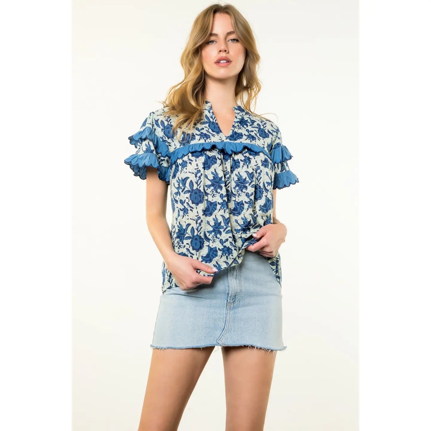 Finley Ruffle Top for Women - Elegant Floral Print Blouse with Ruffled Sleeves & V-Neck | Perfect for Casual Wear, Office Outfits & Date Nights