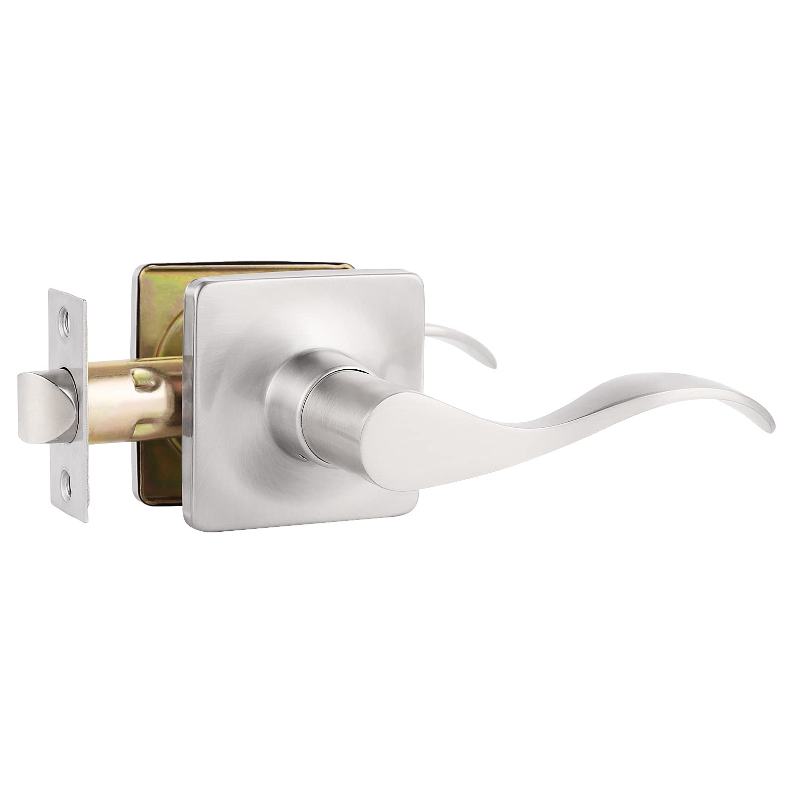 GobeKOR Brushed Nickel Square Interior Door Lever Handle with Lock - 1 Pack for Bedroom, Closet, Bathroom & Passage Doors - Wave Design Modern Hardware Set