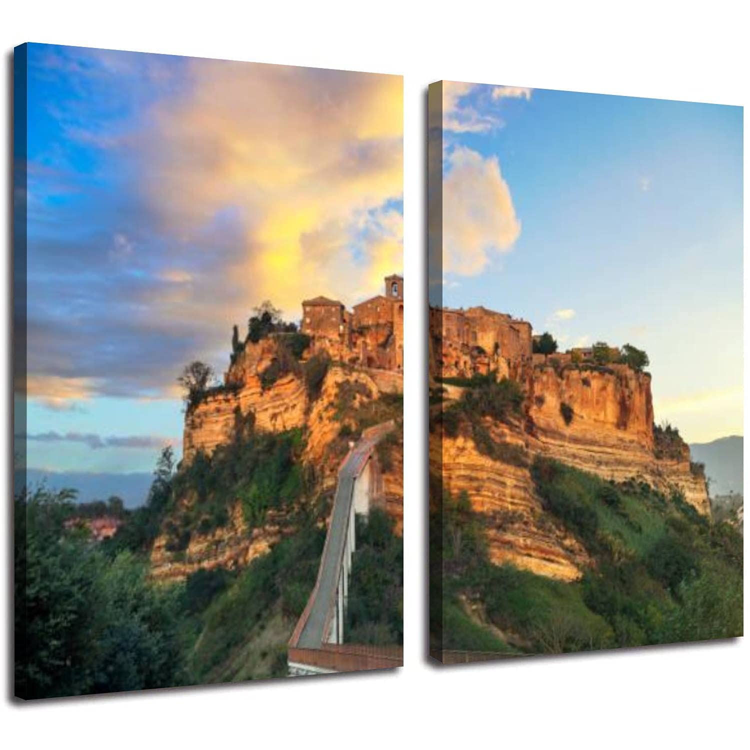 POTAETWL 2 Panel Canvas Wall Art - Sunset Aerial View of Civita di Bagnoregio Italy Landscape Painting | 24x36 Inch Modern Home Decor for Living Room, Bedroom & Office | Perfect for Wall Decor & Gift Giving