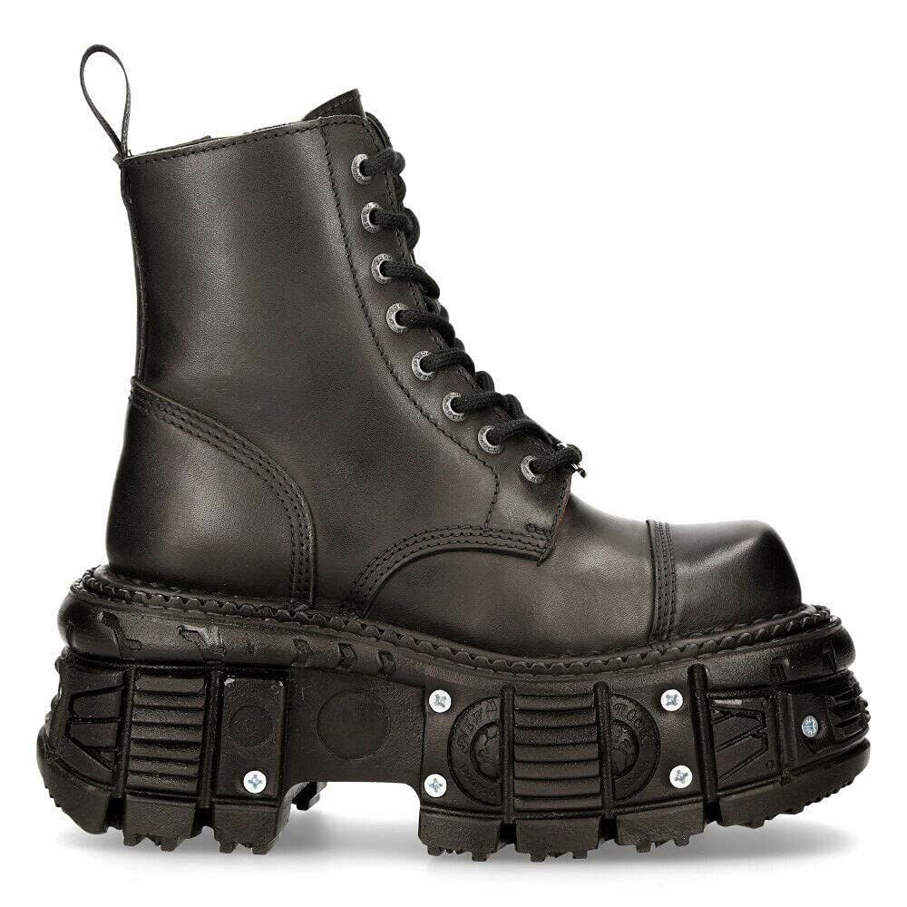 New Rock Women's TANK083-C1 Genuine Leather Combat Boots - Black Platform Biker Military Shoes for Women | Perfect for Motorcycle Riding, Punk Fashion & Outdoor Adventures