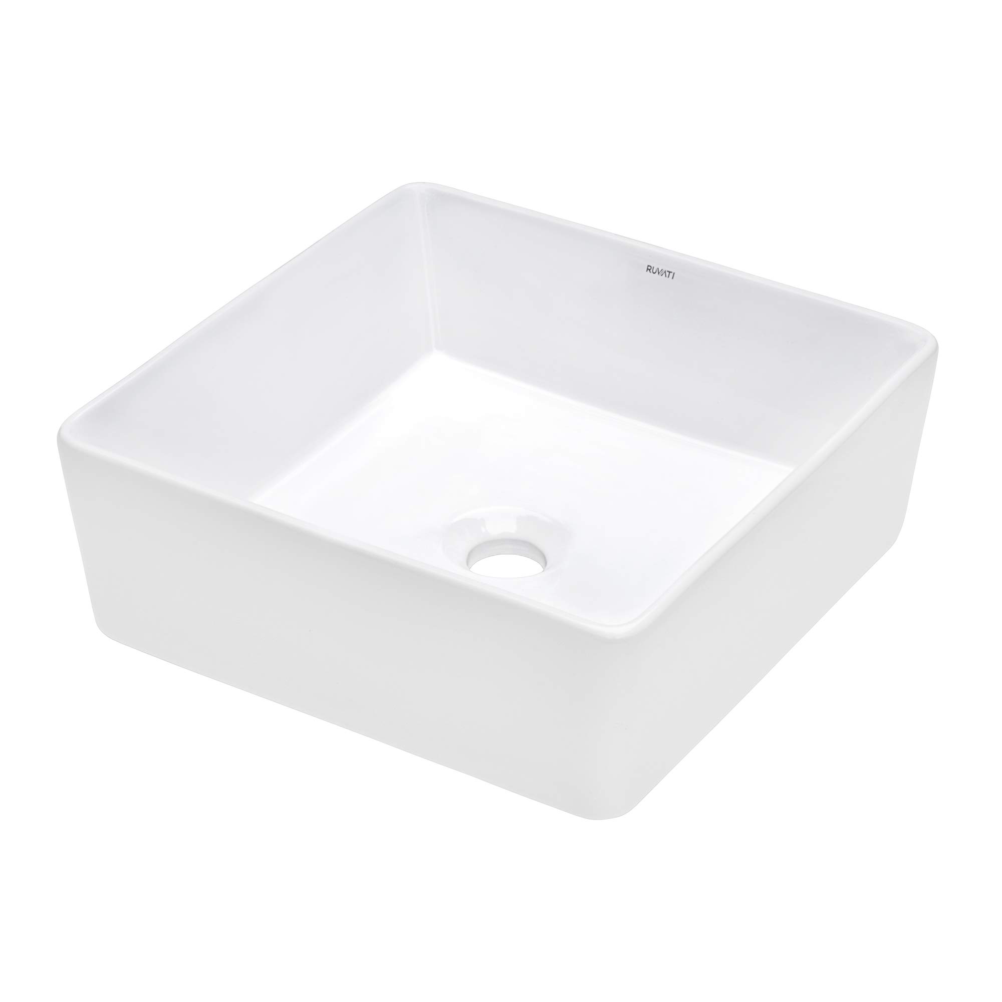 Ruvati 15 x 15 Inch White Rectangular Porcelain Vessel Sink for Bathroom Vanity - Above Counter Ceramic Basin - Perfect for Small Bathrooms, Powder Rooms & RV Bathrooms (Model RVB1616)