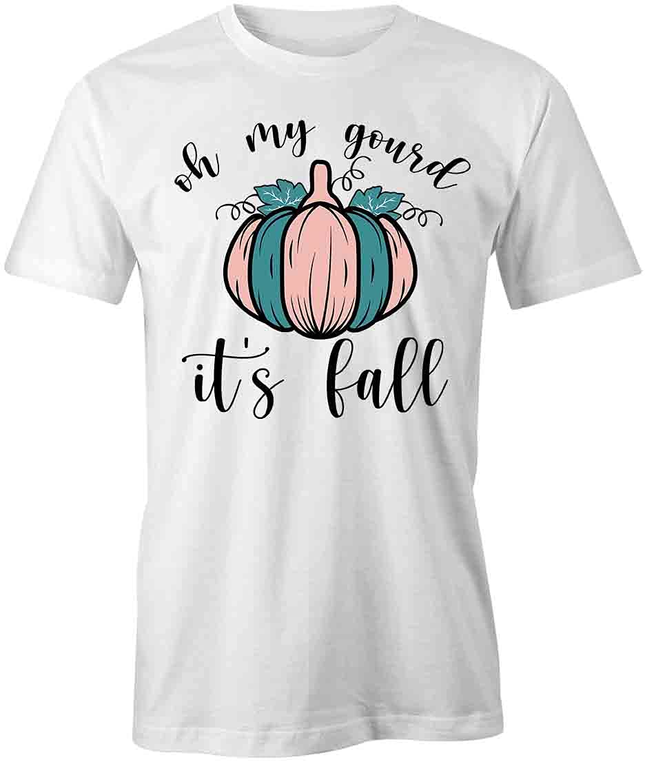 Funny Fall T-Shirt - 'Oh My Gourd It's Fall' Graphic Printed Tee | White Cotton Shirt for Autumn, Halloween & Thanksgiving Outfits