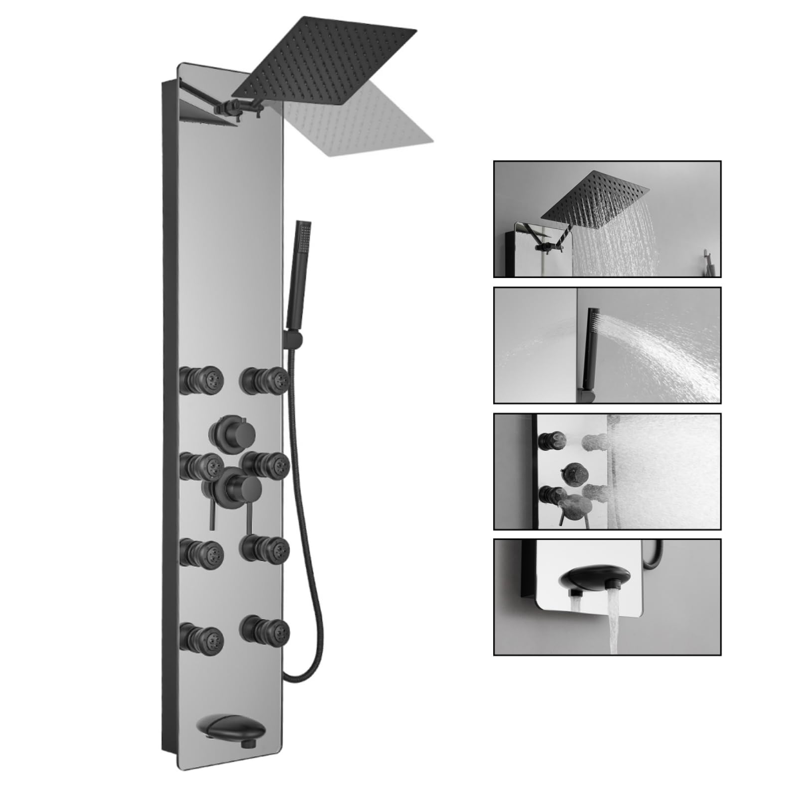 Premium Stainless Steel Black Glass Shower Panel Tower System - 8 Body Massage Jets, Rainfall Shower Head & Tub Spout - Luxury Bathroom Upgrade for Spa-Like Experience