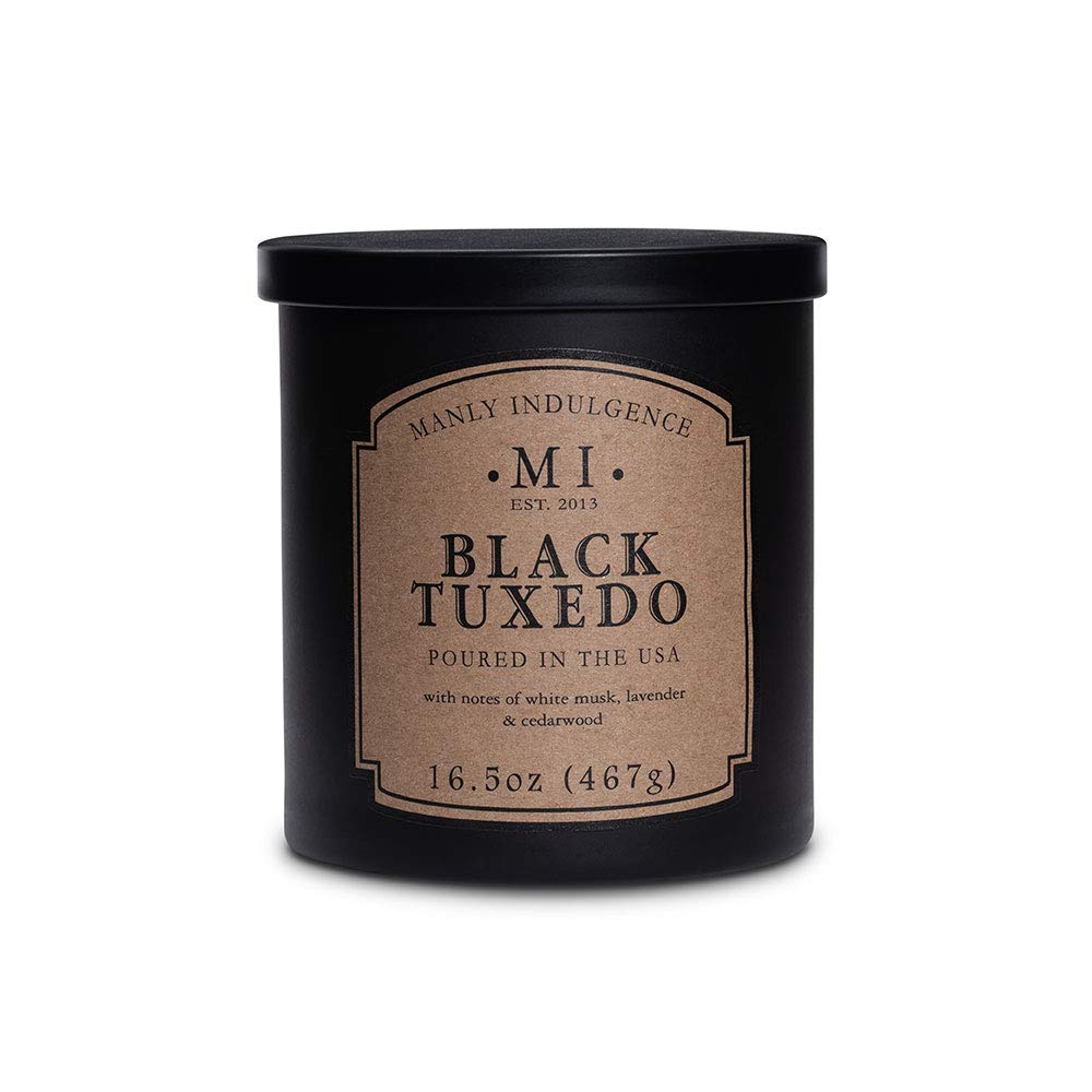 Manly Indulgence Black Tuxedo Jar Candle 16.5 oz - White Musk, Lavender, Cedarwood, Jasmine & Earthy Orris Scent - 60 Hour Burn Time - Premium Soy Blend Wax - Hand Poured in USA - Perfect for Home Decor, Romantic Dinners & Relaxation