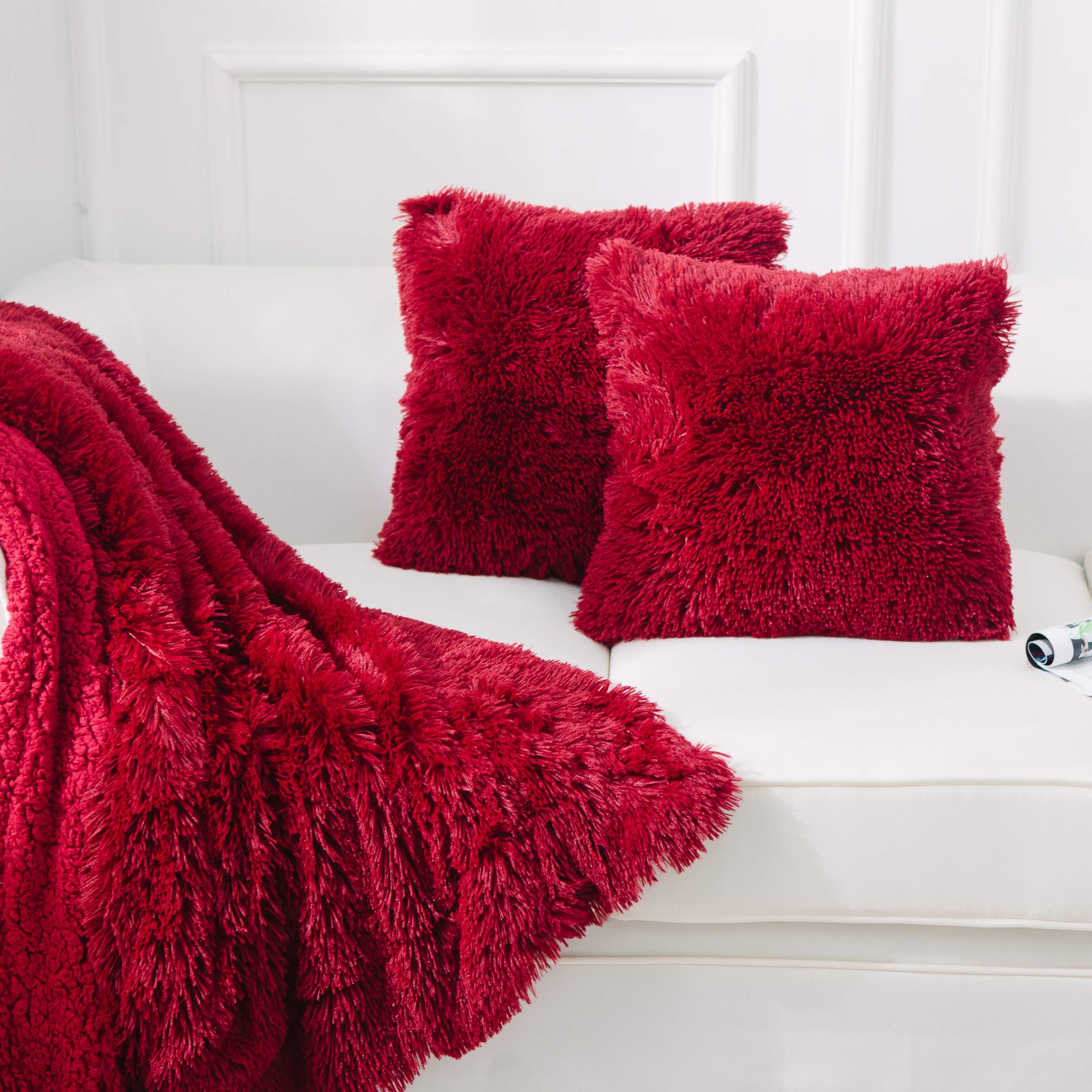 Luxury Soft Faux Fur Fleece Pillow Covers 22x22 Inch - 2 Pack Wine Red Decorative Throw Pillow Cases for Sofa, Bed & Home Decor | No Insert Included | Cozy Winter Accent Pillows