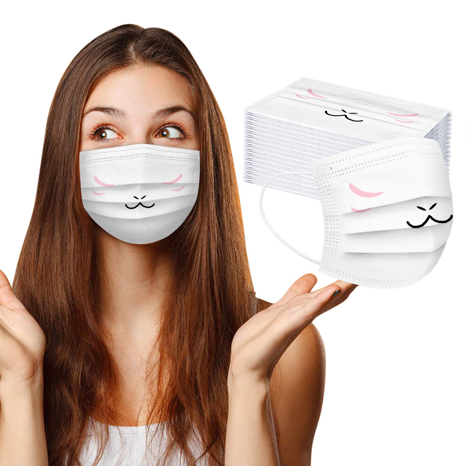 50PC Funny Disposable Face Masks for Adults - Cute Lovely Design Paper Face Cover Protections for Women - Perfect for Halloween Parties, Cosplay & Costume Events