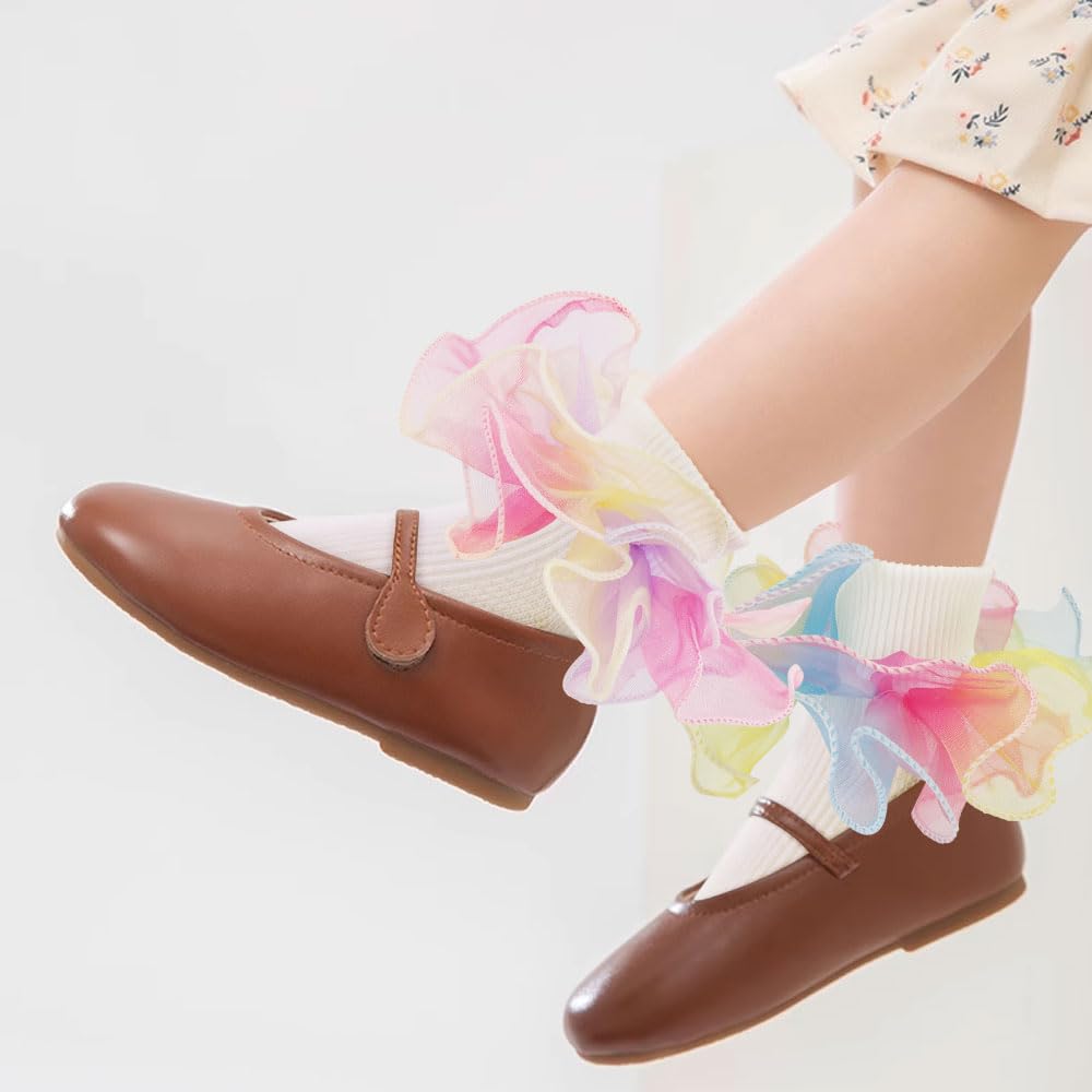 DRESHOW BQUBO Girls Ruffle Socks - Double Lace Frilly Dress Socks with Turn Cuff & Lace Trim for Infant, Toddler & Kids - Perfect for Parties, Weddings & Special Occasions