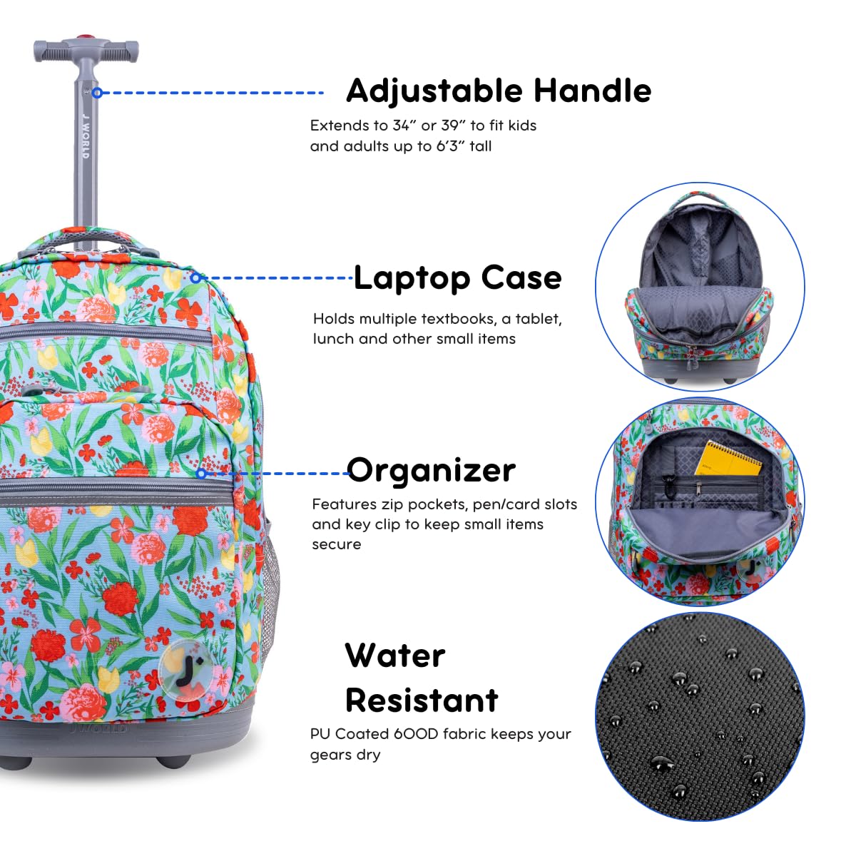 J World New York Sundance Rolling Backpack for School - 20 Inch Wheeled Bookbag with Durable Wheels & Adjustable Handle, Perfect for Kids & Teens (Flora Print) - Ideal for Travel, Commuting & Daily School Use