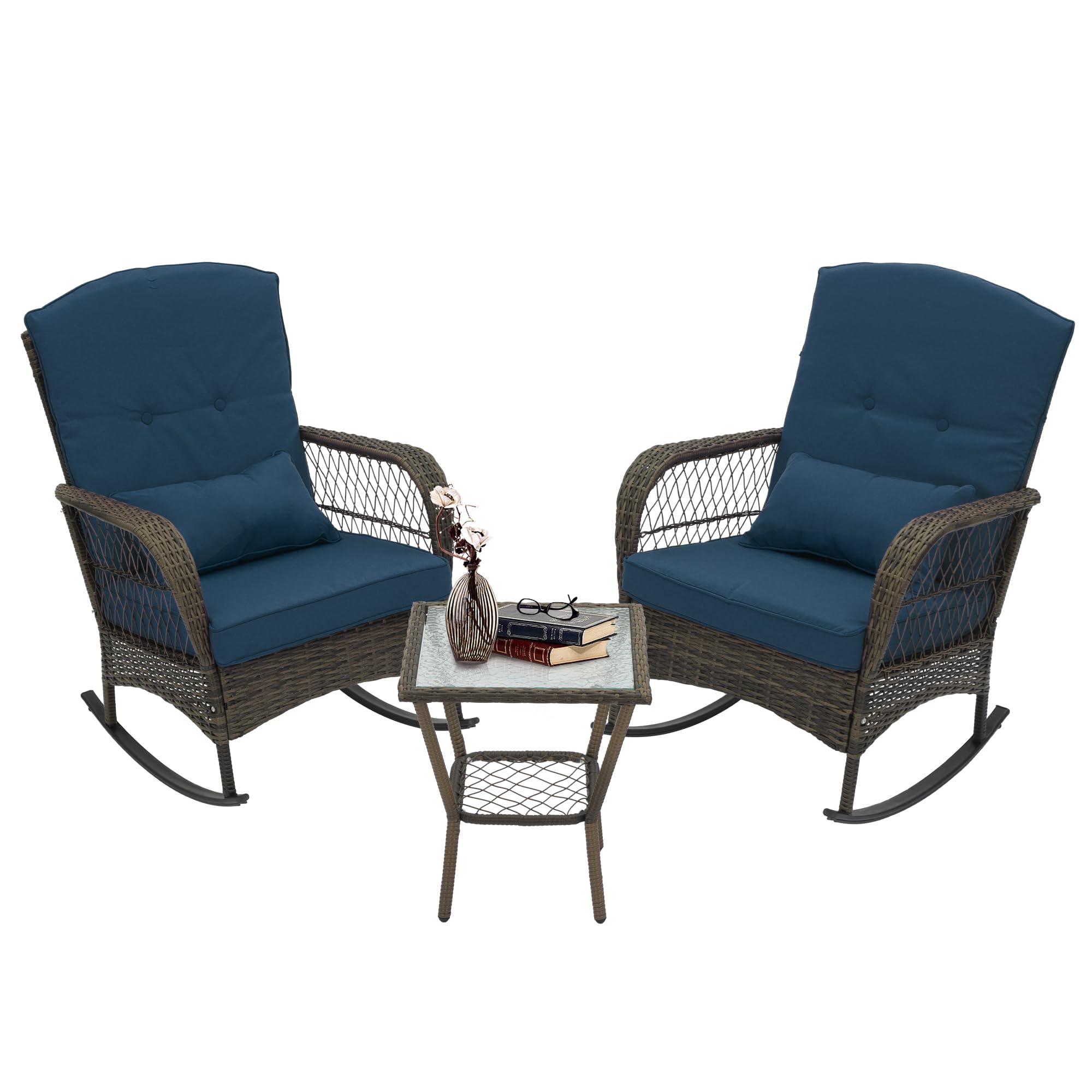 Outdoor Wicker Rocking Chairs Set of 3 with Cushions & Side Table - Patio Furniture Rattan Rocker Chairs for Garden, Porch, Lawn, Balcony (Blue) - Perfect for Relaxing, Lounging & Outdoor Entertaining