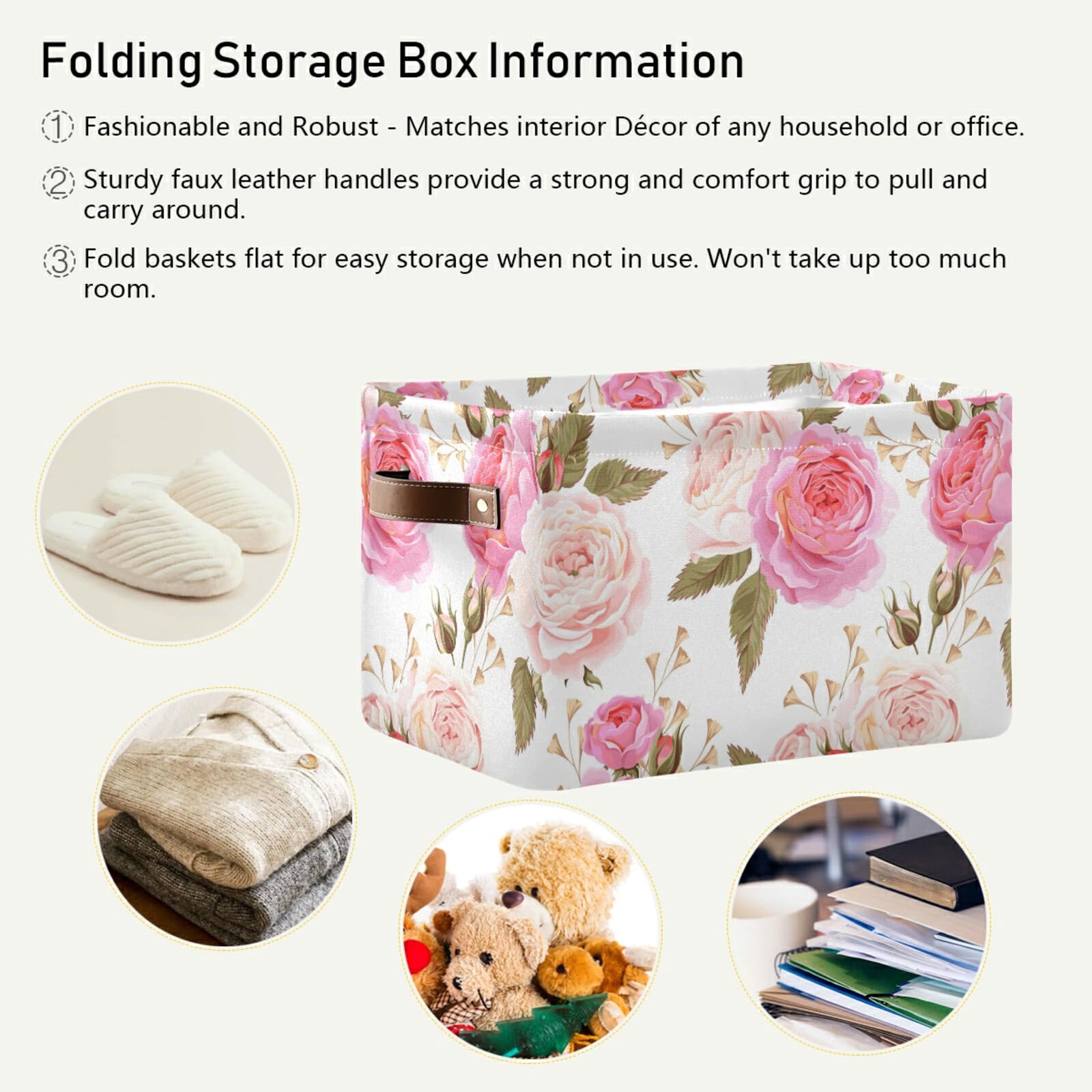 Susiyo Large Foldable Storage Bin - Floral Pink Roses Fabric Collapsible Basket with PU Handles | Organizer for Shelves, Closet, Bedroom & Living Room | Perfect for Home Organization & Decorative Storage (1-Pack)