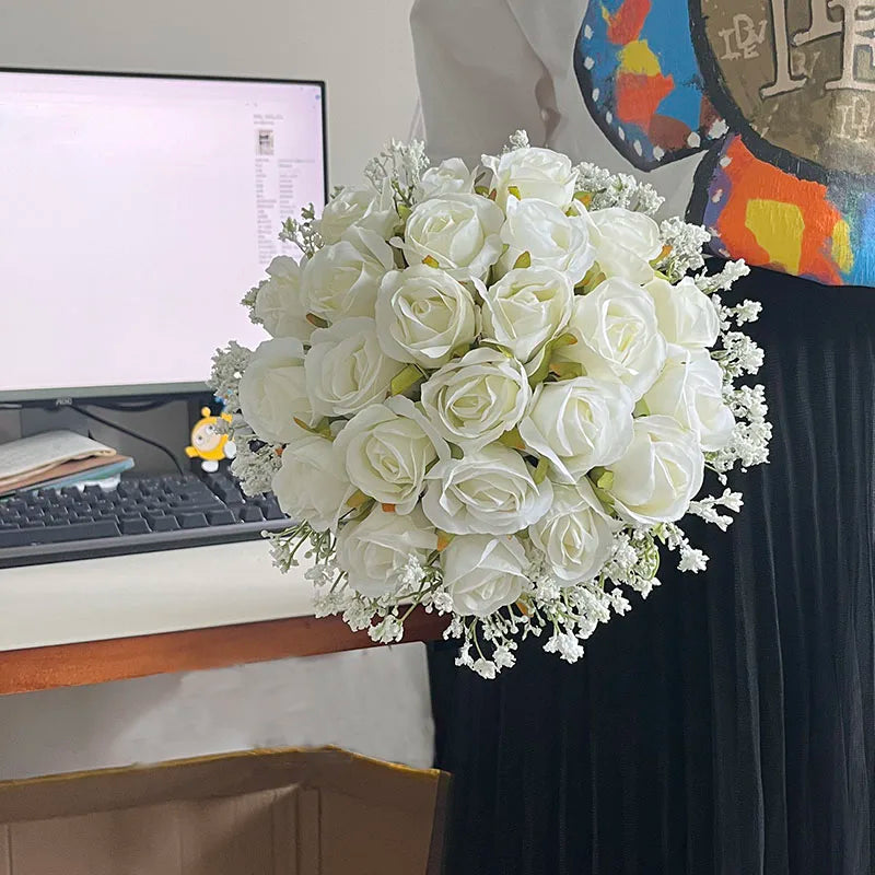Artificial White Roses with Baby's Breath Bouquet - Elegant Bridesmaid Bouquets & Wedding Table Centerpiece Decor for Bridal Showers, Receptions, and Home Decor