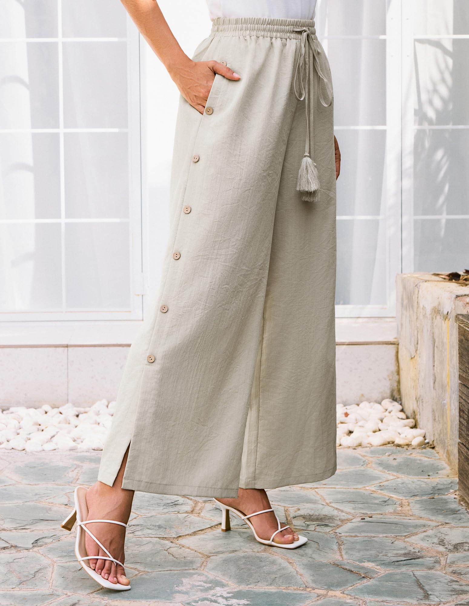Grace Karin Women's Cotton Linen Palazzo Pants - Elastic Waist, Side Button Design for Lounge & Relaxed Fit
