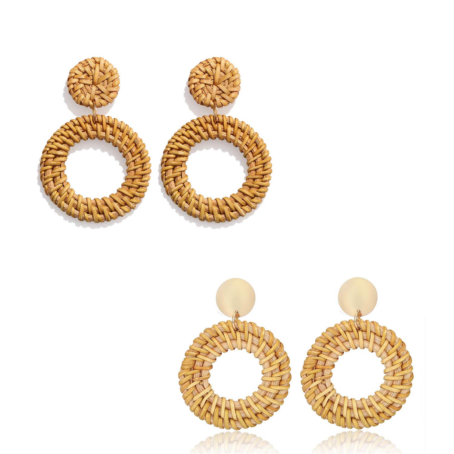 Boho Rattan Drop Hoop Earrings for Women - Handwoven Straw Teardrop Dangle Statement Earrings Set - Perfect for Summer Festivals, Beach Vacations & Boho Chic Outfits
