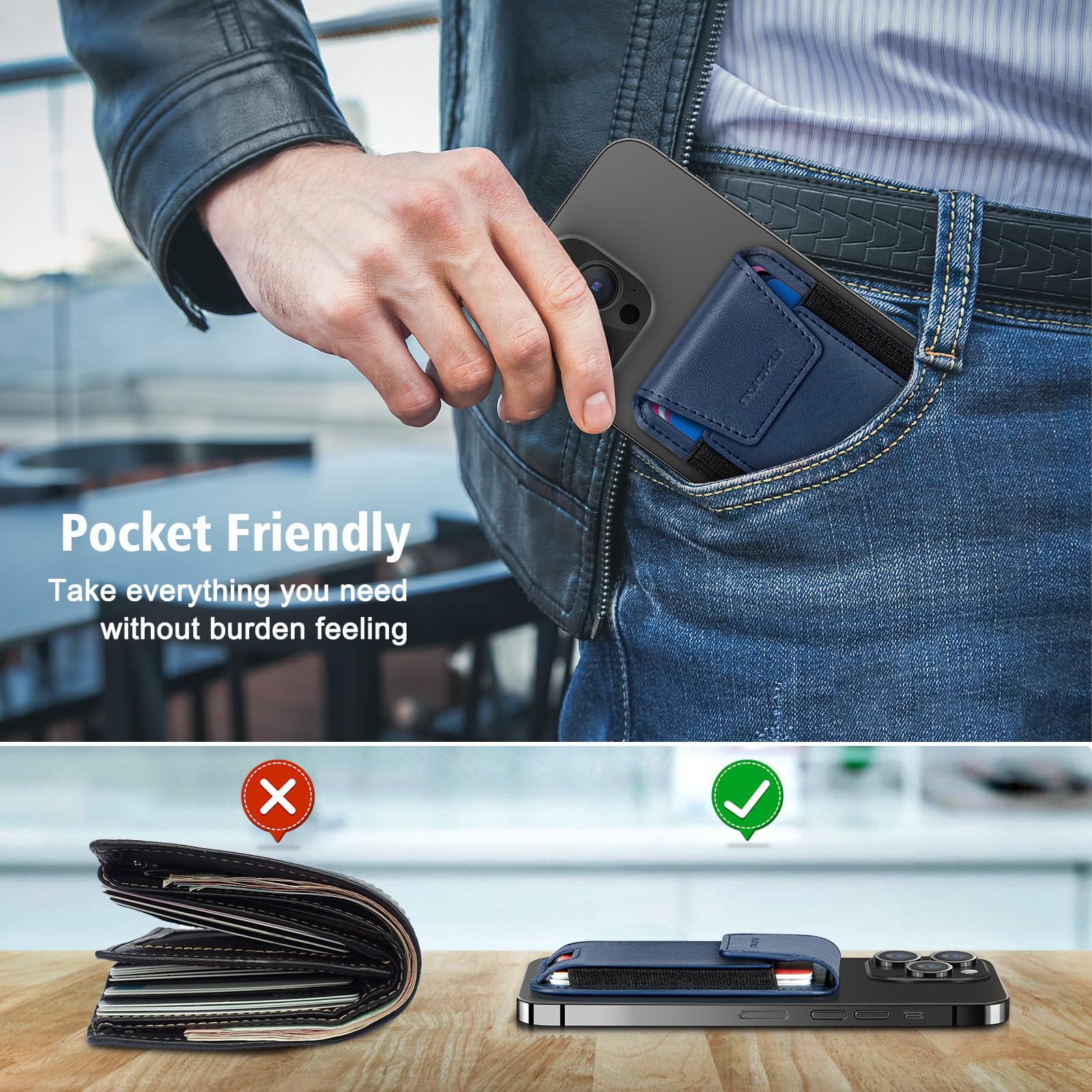 Premium Genuine Leather Magnetic Phone Wallet for iPhone 15/14/13/12 Series - Magsafe Compatible Wallet with RFID Blocking & Privacy Flap - Holds 6 Cards (Excludes 13 Mini/12 Mini) - Perfect for Daily Commute, Travel & Contactless Payments