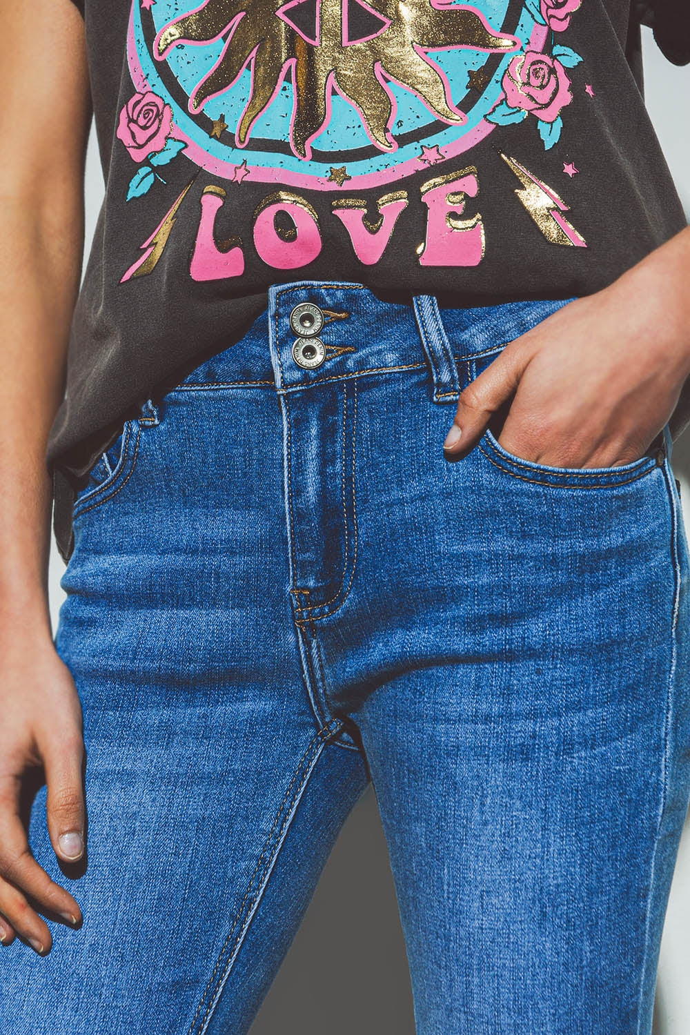 Double Button High Waist Blue Denim Flared Jeans for Women - Casual & Chic Outfit for Everyday Wear, Date Night, and Office Style