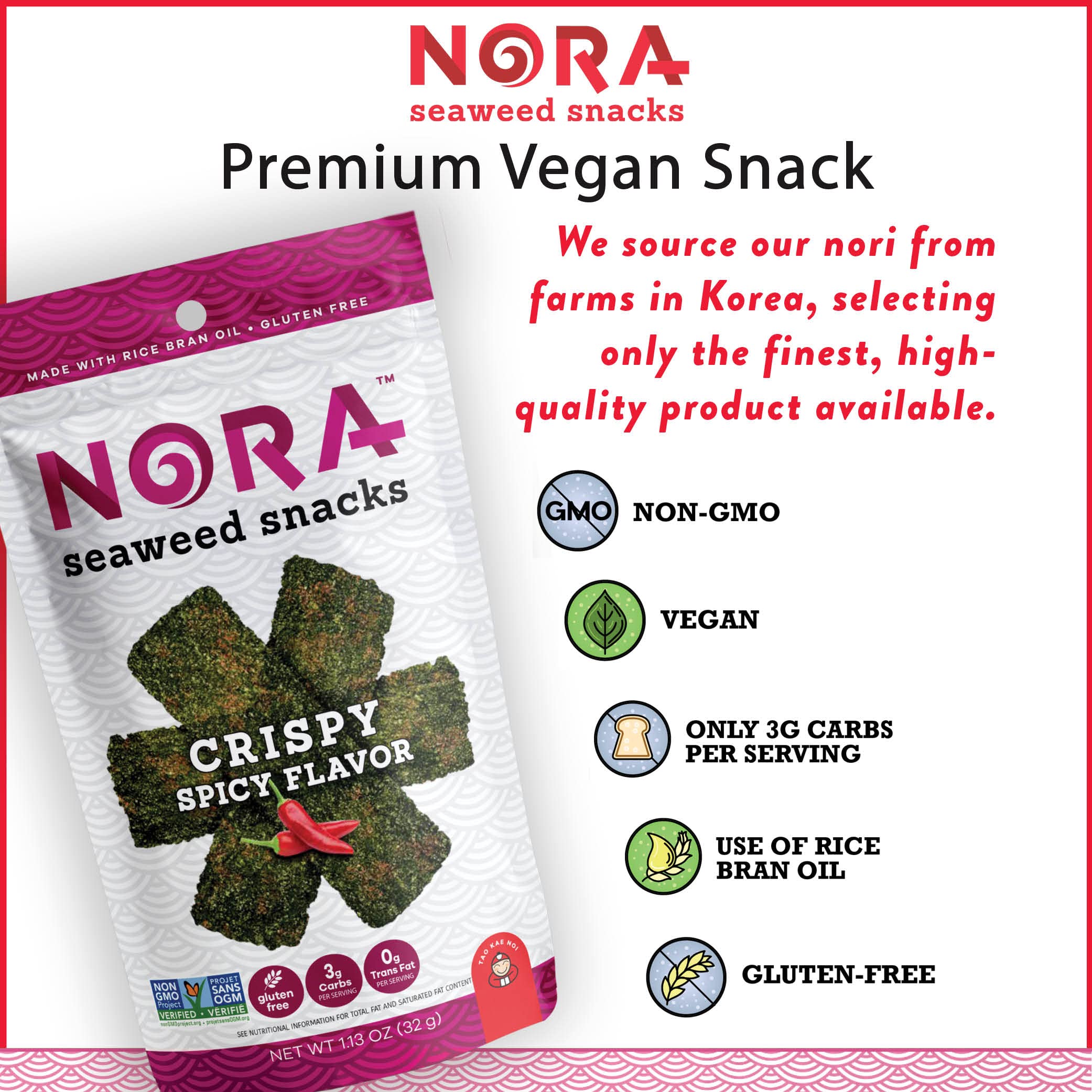 Nora Crispy Spicy Seaweed Snacks - Thick Nori Sheets & Snack Strips | Low-Carb, Vegan, Gluten-Free, Non-GMO Healthy Snacks for Adults | Perfect for Keto Diet, Office Snacking & Asian Food Lovers | 6-Pack