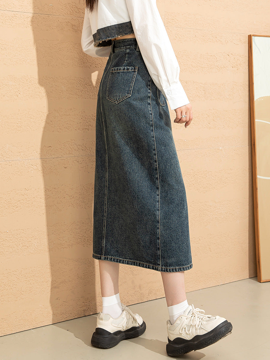High Waist Denim Skirt for Women - Stretchy Work Skirt with Pockets - Perfect for Office, Casual Wear & Date Nights