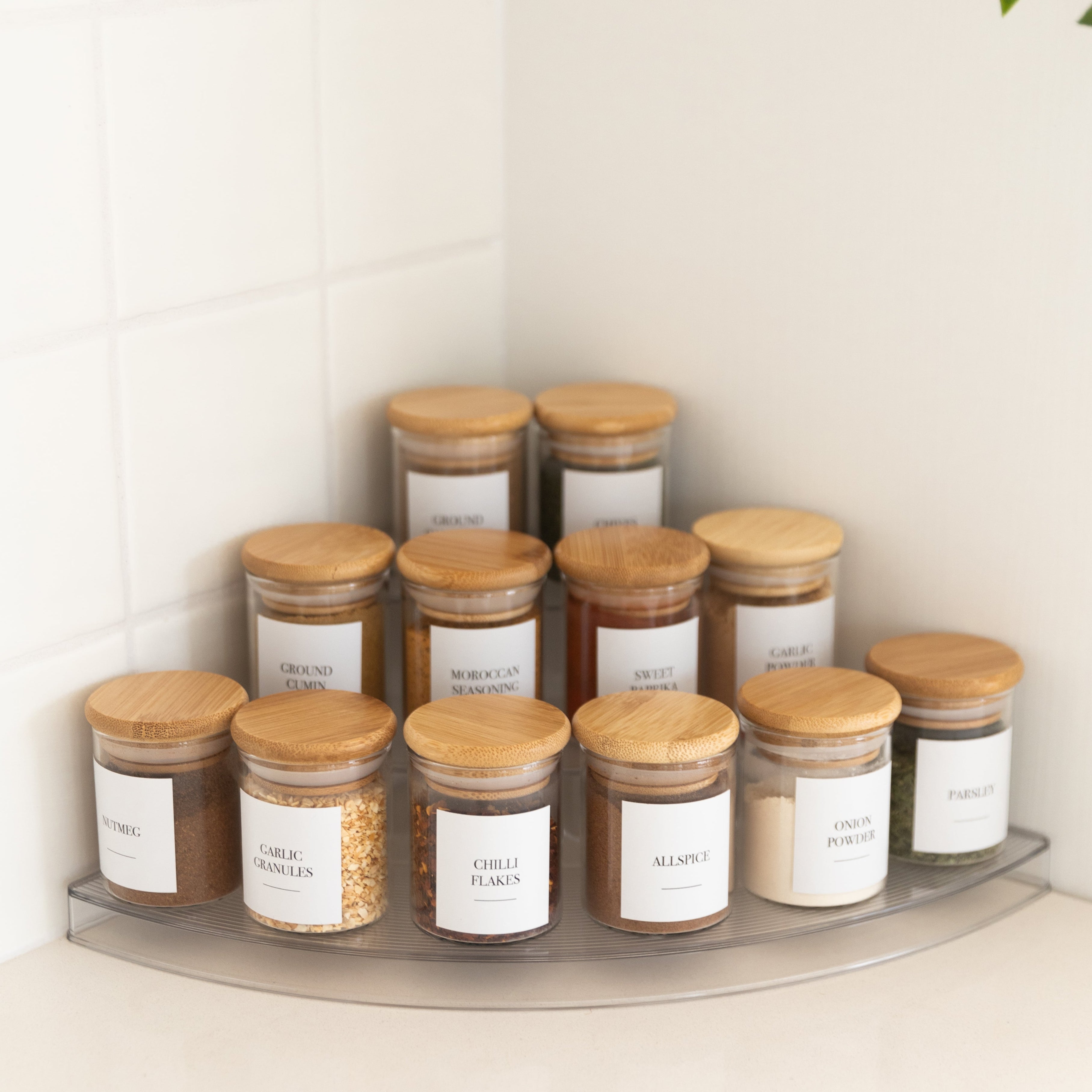 Clear 3-Tier Corner Spice Rack Organizer with 12x 75ml Glass Jars - Space-Saving Kitchen Storage for Countertop, Pantry & Cabinet Organization