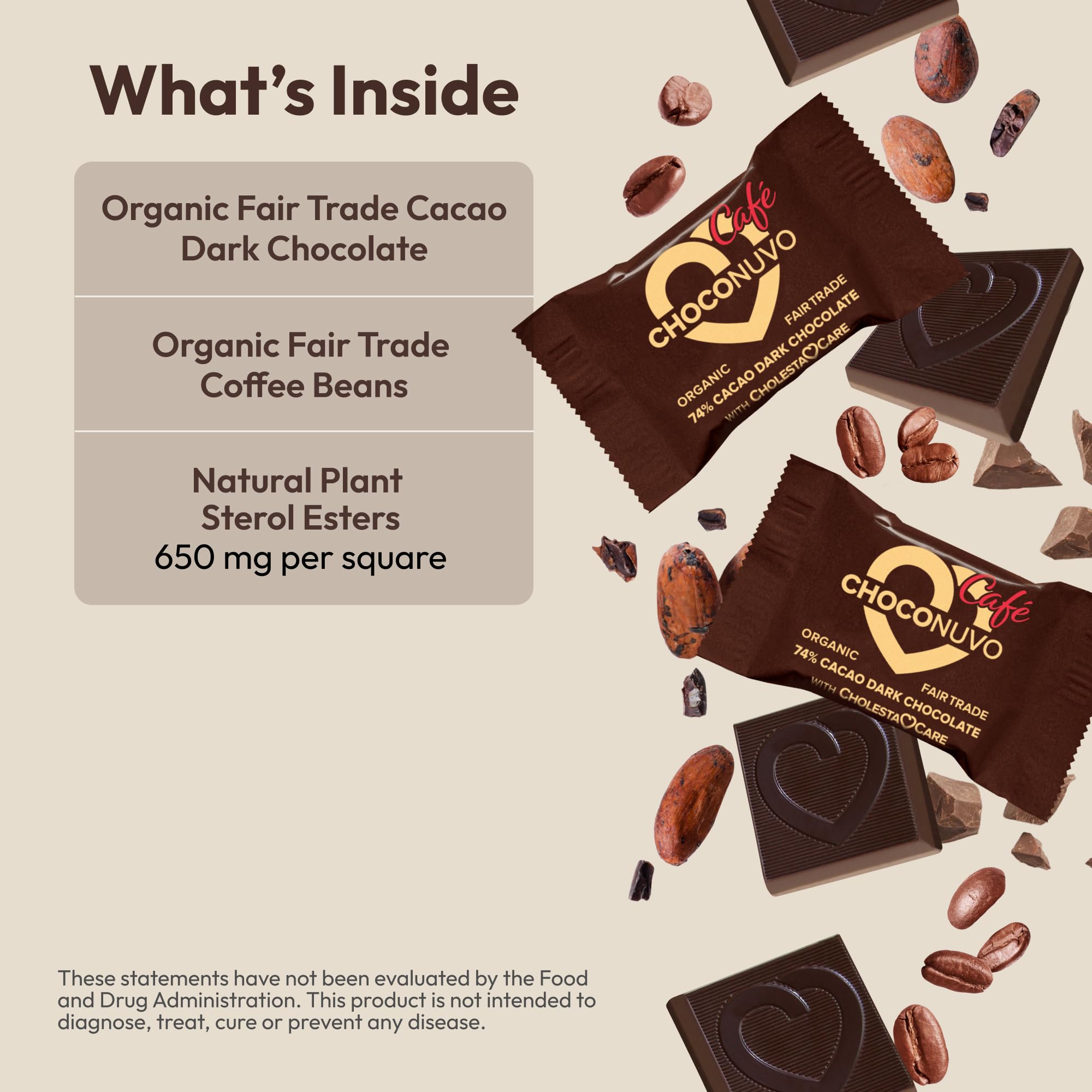 Organic Fair Trade Coffee-Flavored Dark Chocolate 74% Cacao - 120 Pieces by ANDREW LESSMAN ChocoNuvo Café | Plant Sterols for Healthy Cholesterol Balance | Low Fat 25 Calorie Squares | Perfect for Gifts, Snacking & Healthy Lifestyle
