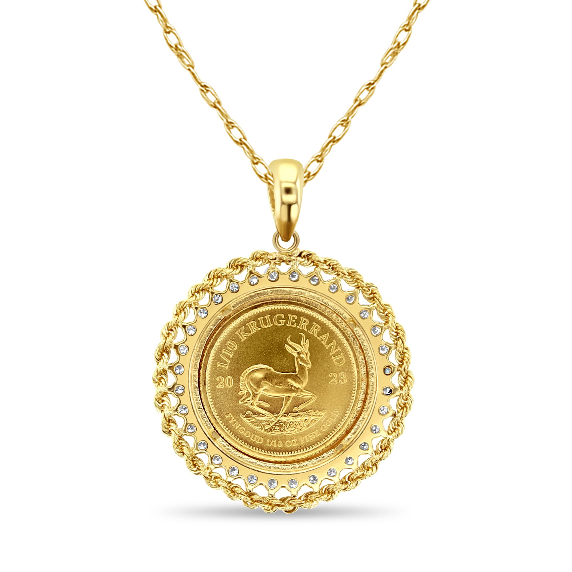 1/10 oz Krugerrand Gold Coin Necklace - Diamond & Rope Design Jewelry for Women, Perfect for Gifts, Anniversaries and Special Occasions