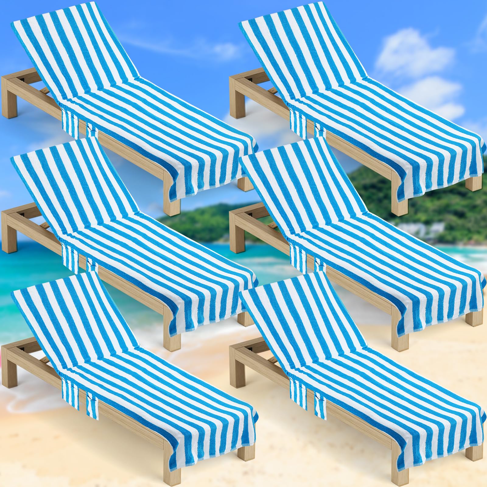 6-Piece Striped Lounge Chair Towel Covers 30x85 Inch - Large Pool Chaise Cushion Covers with Top & Side Pockets - Waterproof Outdoor Furniture Protector for Beach, Poolside, Patio (Blue) - Perfect for Summer Relaxation by the Pool or Seaside Lounging