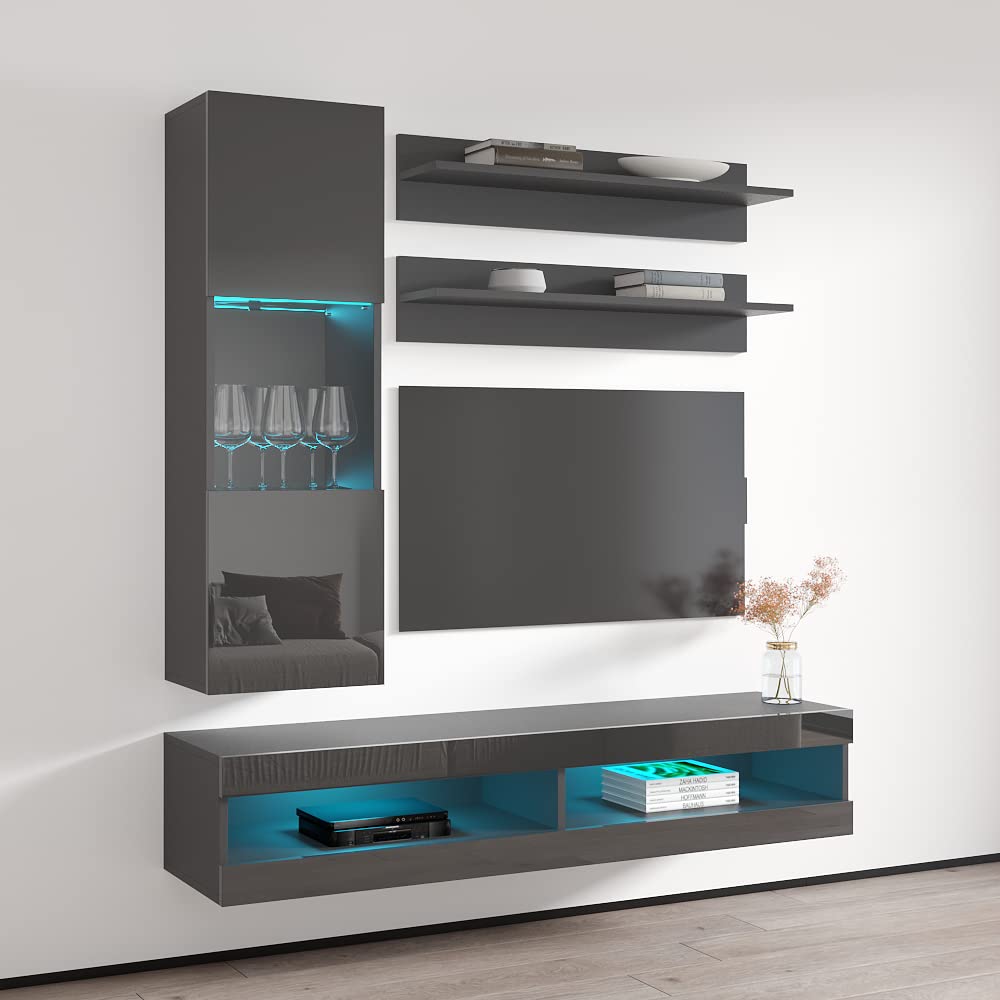 Modern Floating TV Stand with Storage & LED Lights - Wall-Mounted Entertainment Center for Bedroom & Living Room - 34
