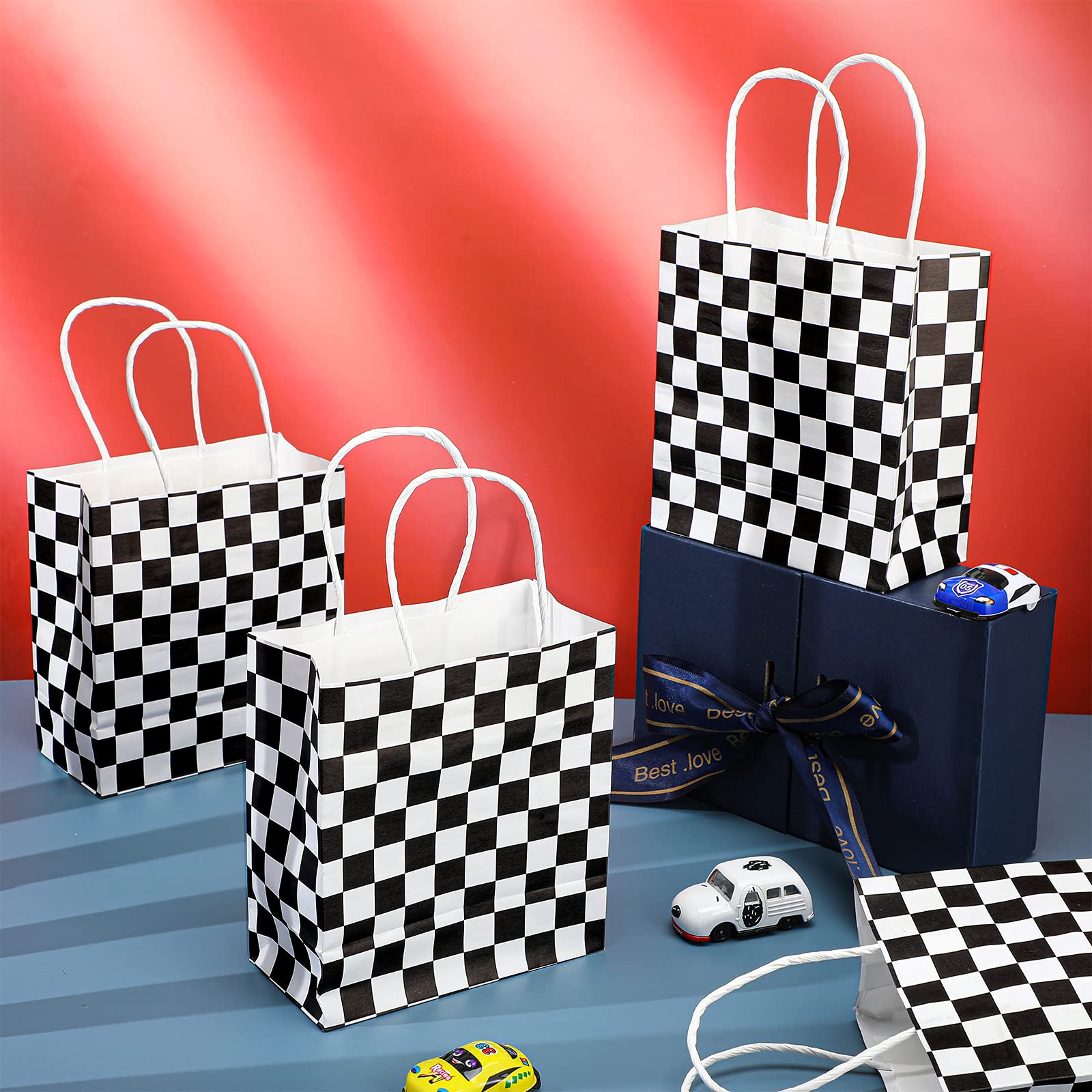 Marspark 24 Pcs Checkered Race Car Party Bags - Black & White Candy Gift Bags for Birthday Decorations & Favors