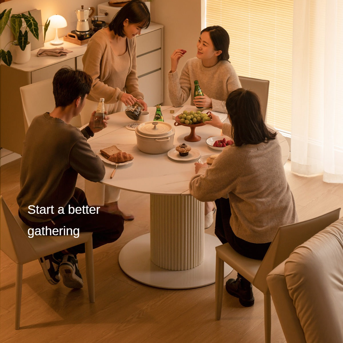 Solid Oak Wood Round Extendable Dining Table with Rock Plate Design - Cream Finish for Modern Dining Room & Kitchen Decor