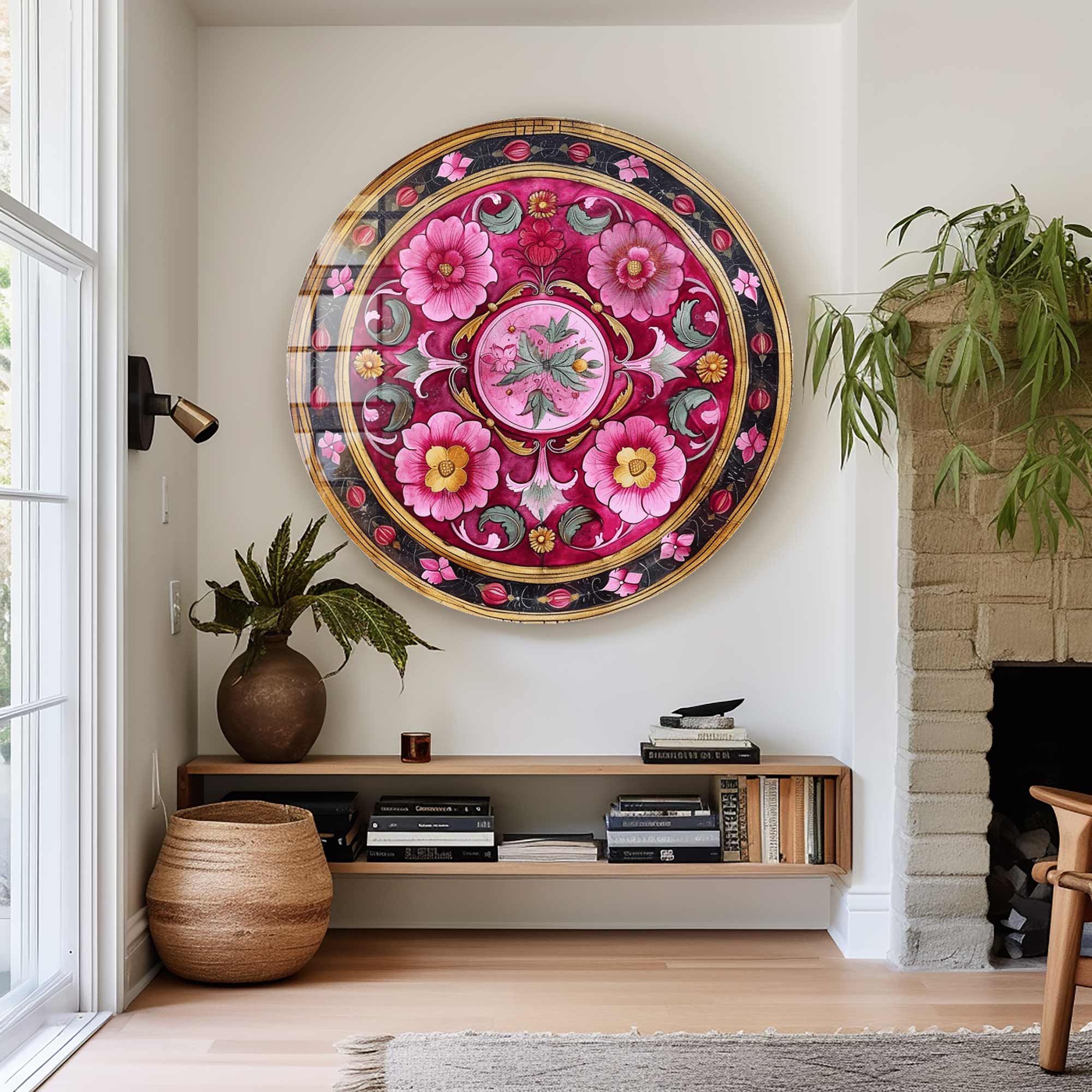 Vintage Floral Round Glass Wall Art Decor - Handmade Home Decor for Living Room, Bedroom, and Office