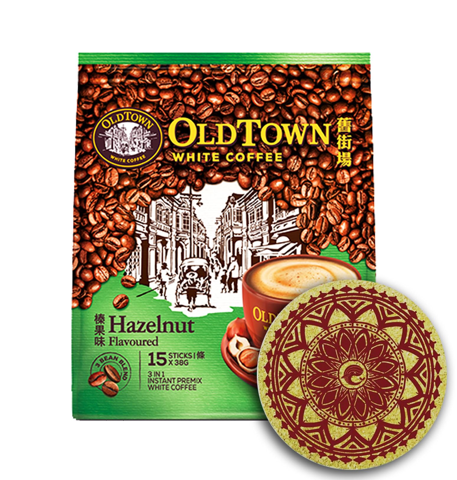 Old Town 3-in-1 Asian Instant Coffee Mix (45 Packets) - Classic, Hazelnut & Extra Rich Flavors with Eco-Friendly Cork Coasters - Perfect for Office, Home & Travel