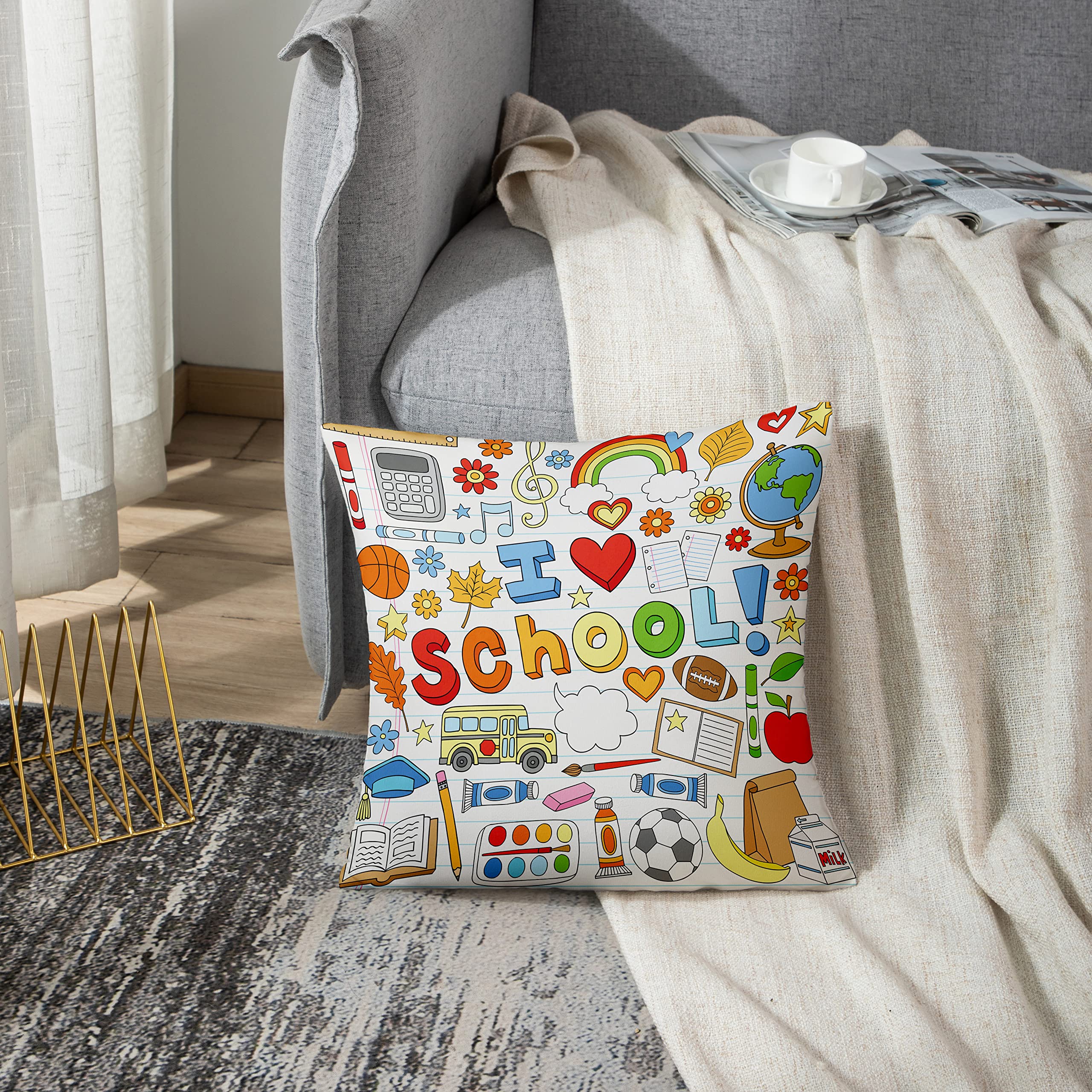 Emvency 18x18 Inch Brown Teacher Throw Pillow Cover - I Love School Doodles Design, Polyester Decorative Pillowcase with Hidden Zipper | Perfect for Classroom Decor, Teacher Appreciation Gifts & Cozy Home Decor