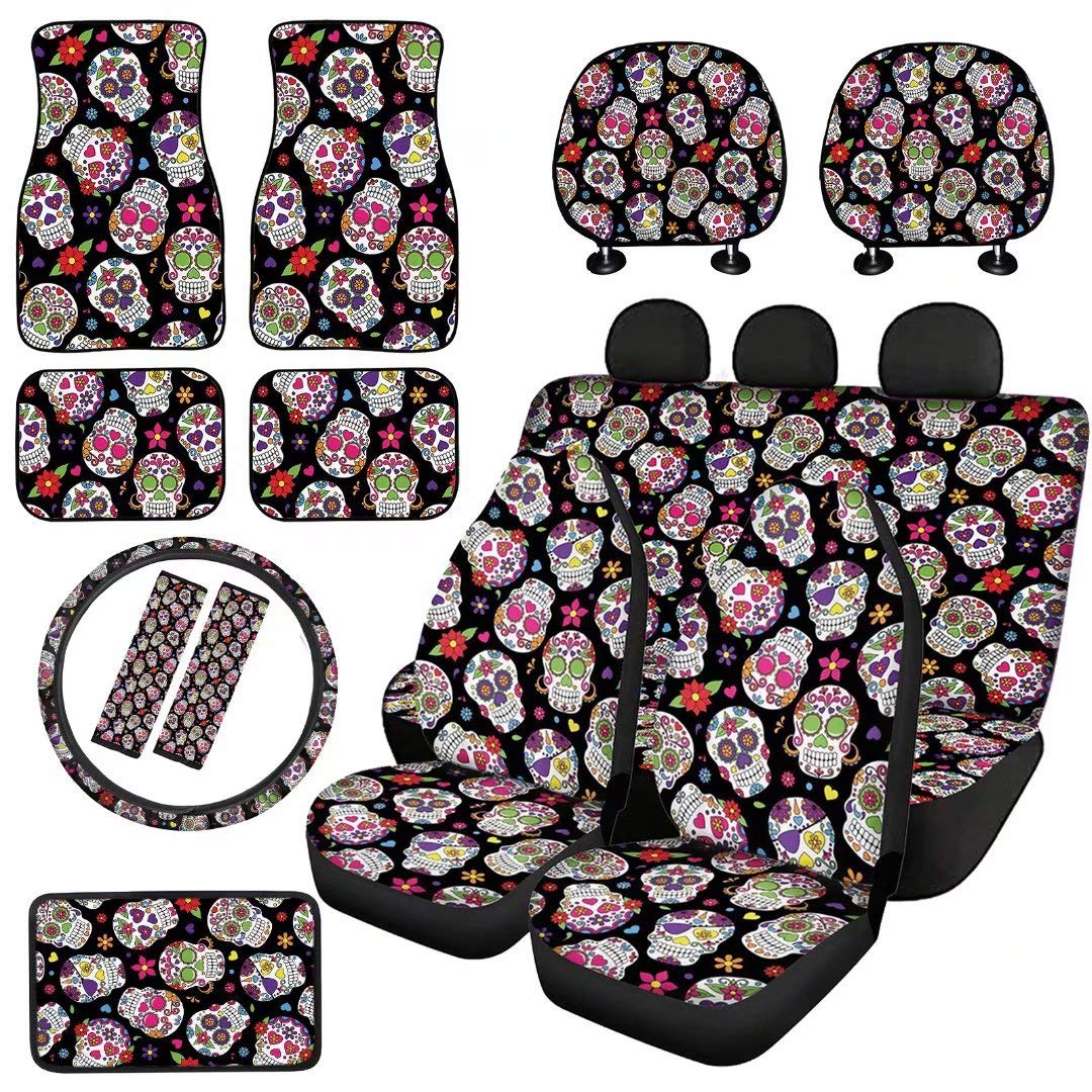 XYZCANDO Sugar Skull Car Seat Cover Set with 15