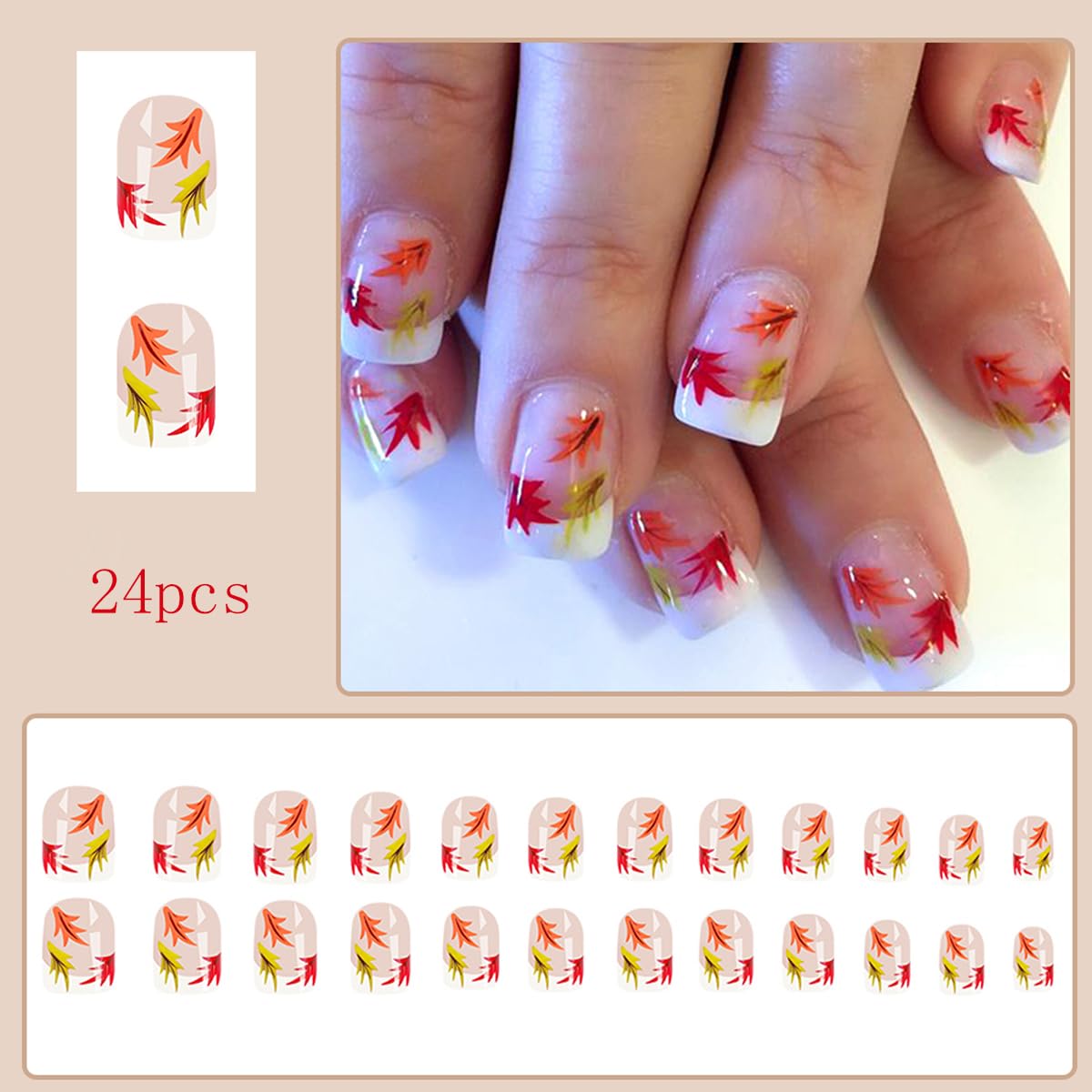 Autumn Maple Leaf Press-On Nails - Glossy Square French Tip Fake Nails with Leaf Design, White Acrylic Stick-On Nails for Women | Fall Winter Manicure, Thanksgiving Party & Holiday Nail Art