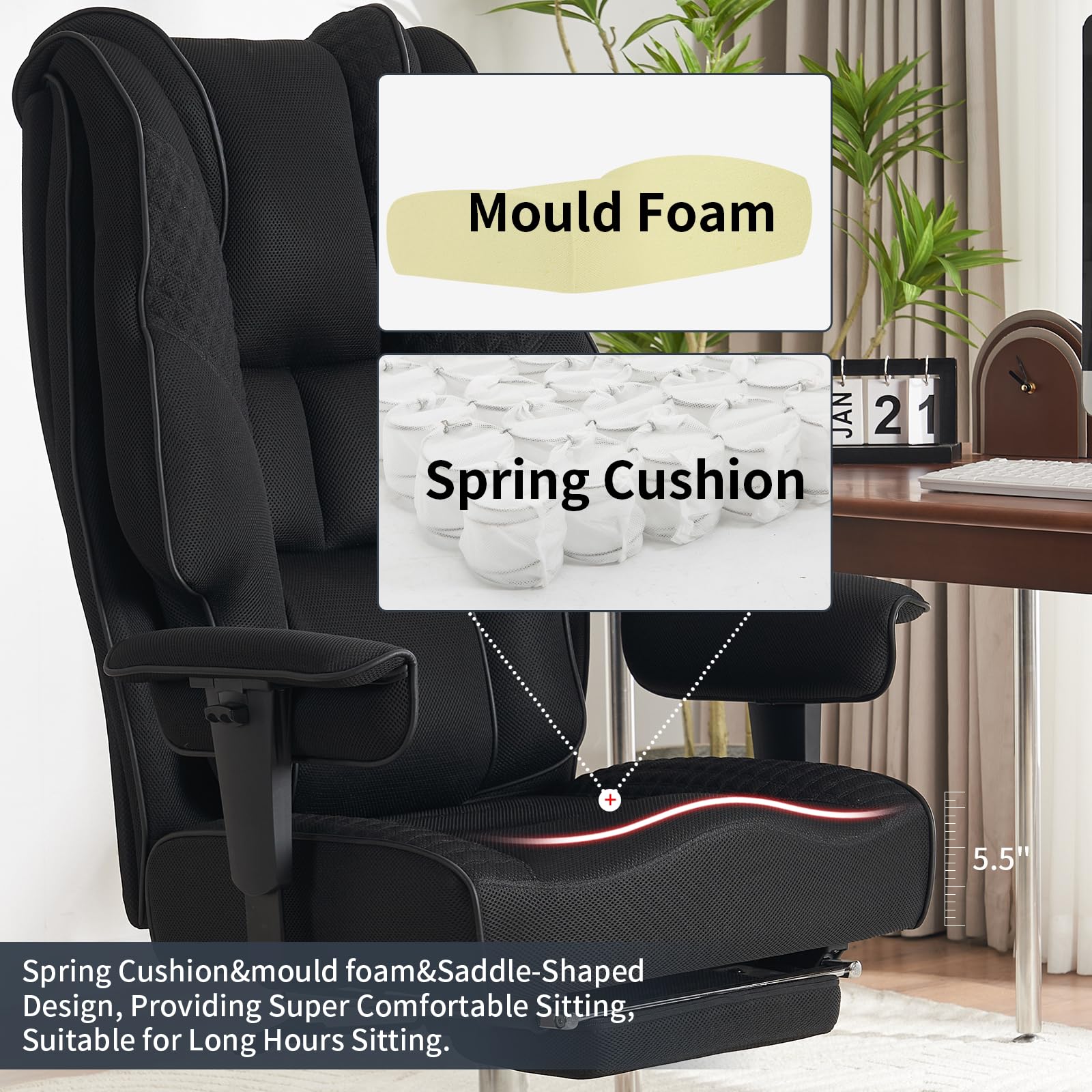 Big and Tall Office Chair 400lbs Capacity - Wide Seat Ergonomic Executive Chair with High Back Mesh, Lumbar Support & Footrest - Comfortable for Back Pain Relief (Mesh Black) - Perfect for Home Office, Gaming, and Long Work Sessions