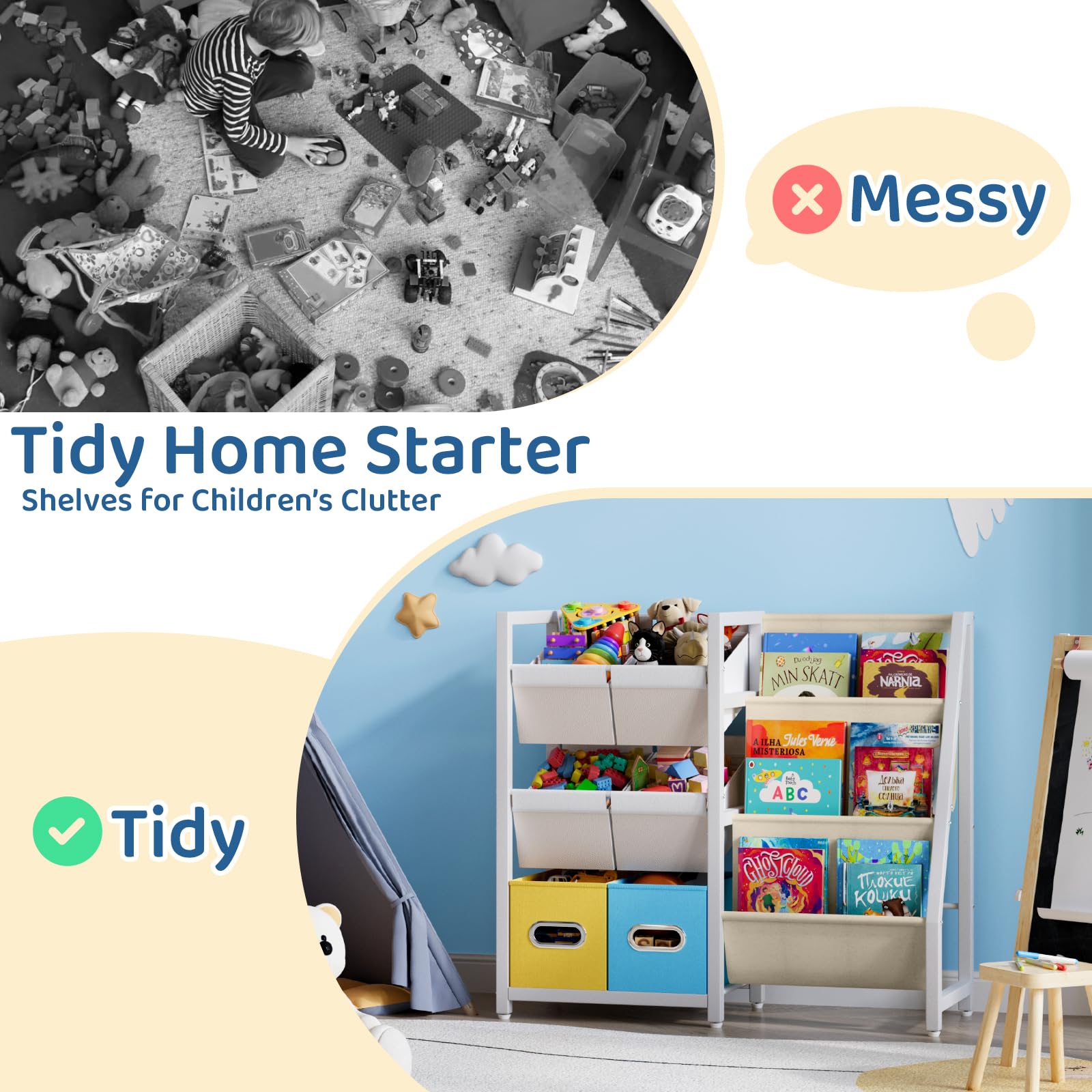 Montessori Kids Bookshelf & Toy Storage Organizer - 6 Bin Toy Organizer with 3 Sling Book Display for Nursery, Toddler & Children's Rooms | Perfect for Bedroom Organization & Playroom Storage