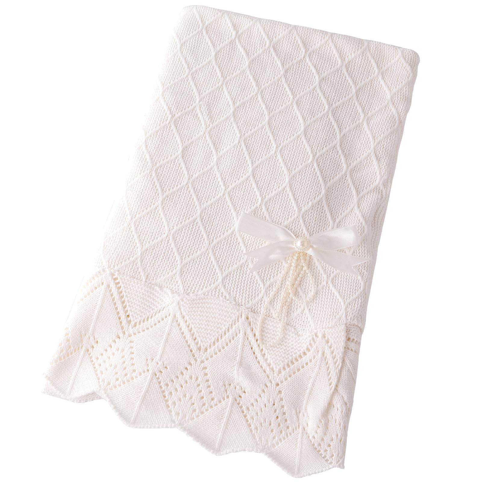 Booulfi Knit White Baby Blankets - Neutral Cotton Lace Crochet Crib & Stroller Blanket for Newborn Boys & Girls (38